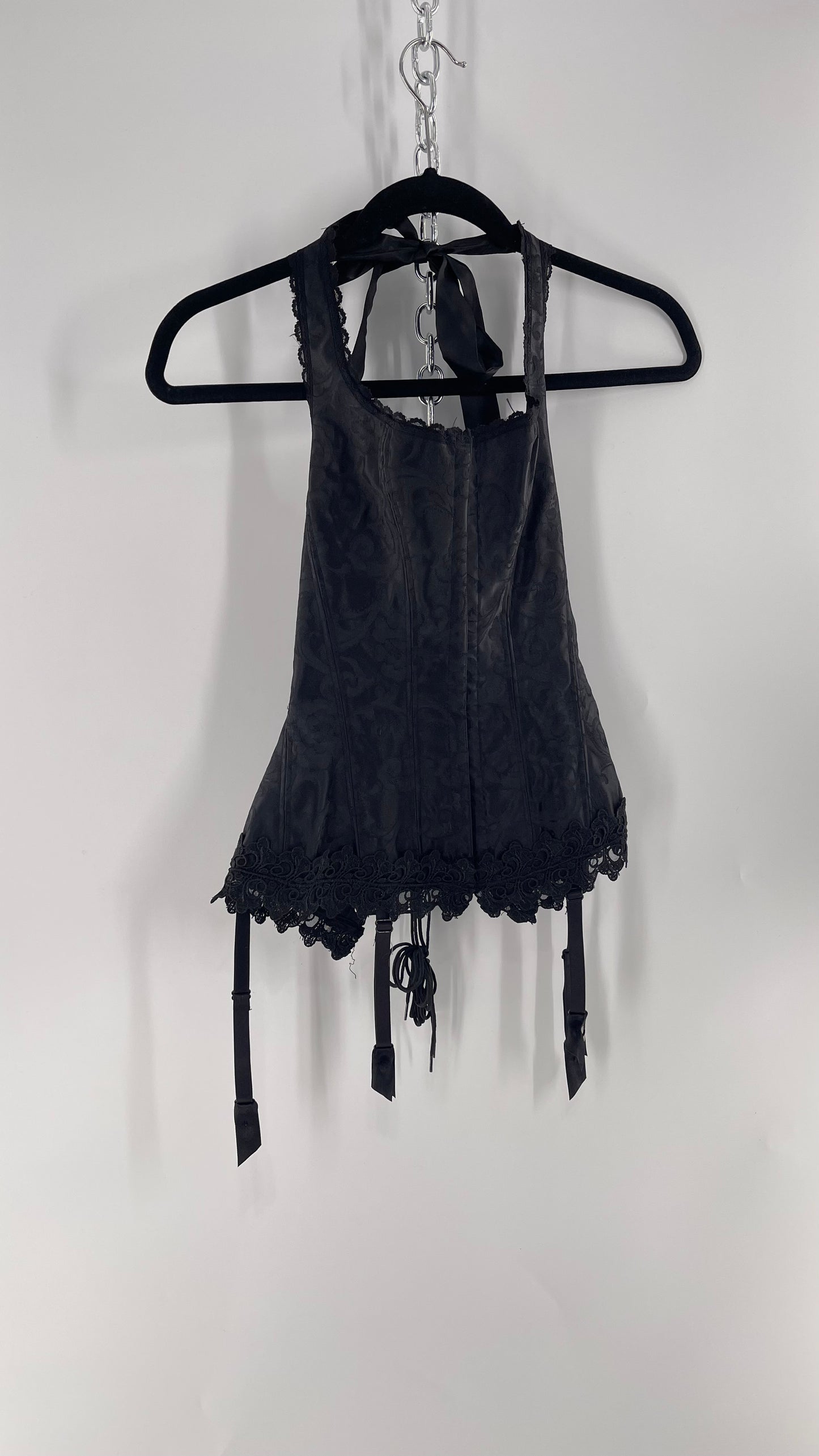 Vintage Fredericks of Hollywood Black Satin Brocade Lace Corset with Lace Tie Halter (32)