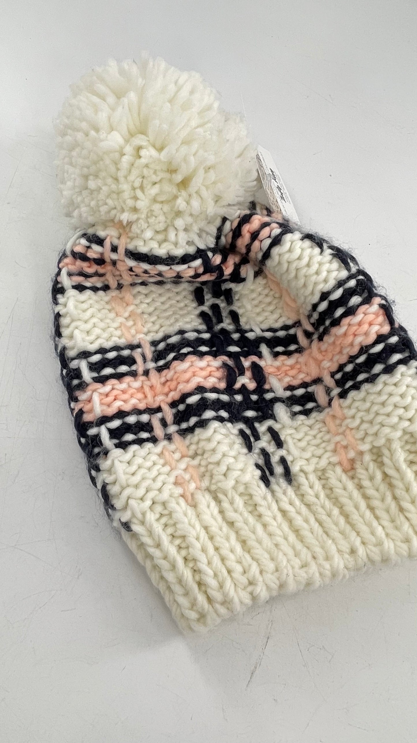 Pink Navy Plaid Patterned White Knit Beanie with Pom