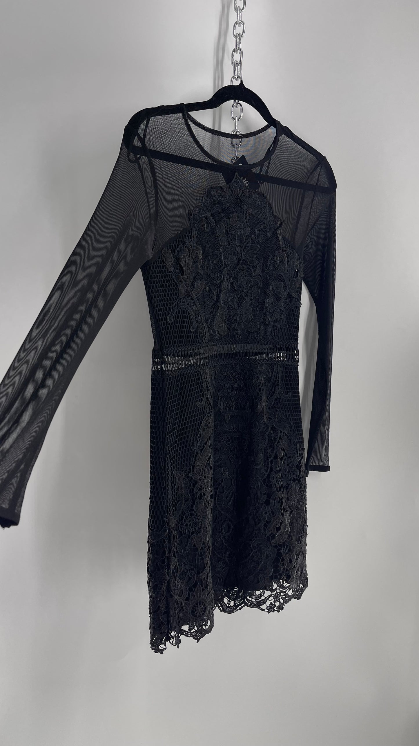 Mesh + Thick Lace Appliqué Mini Dress with Sheer Open Back (Small)