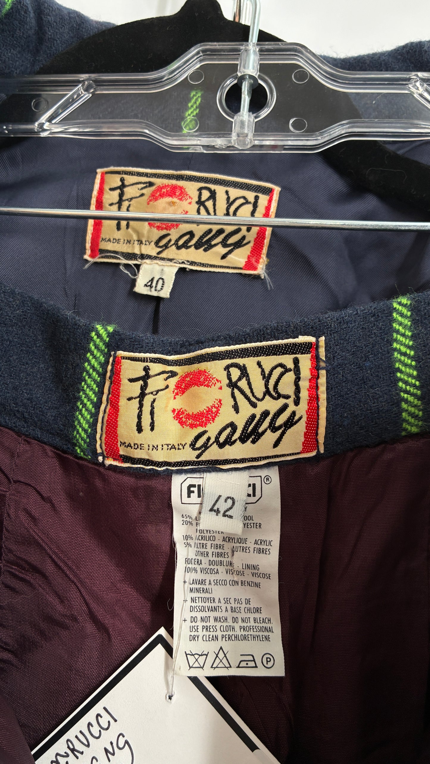 Vintage FIORUCCI GANG Navy and Neon Green Plaid Suit Set with Cropped Blazer and Mini Skirt (40,42)