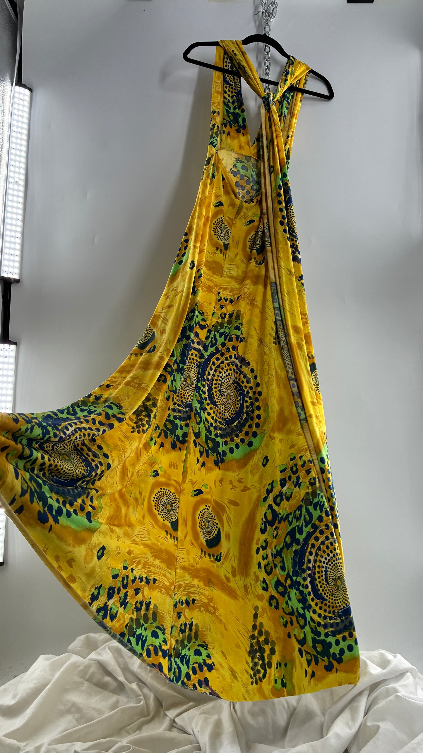 Vintage NARCISA LANG Lycra Full Length, Backless Yellow Dress with Graphic Pattern (XS/S)