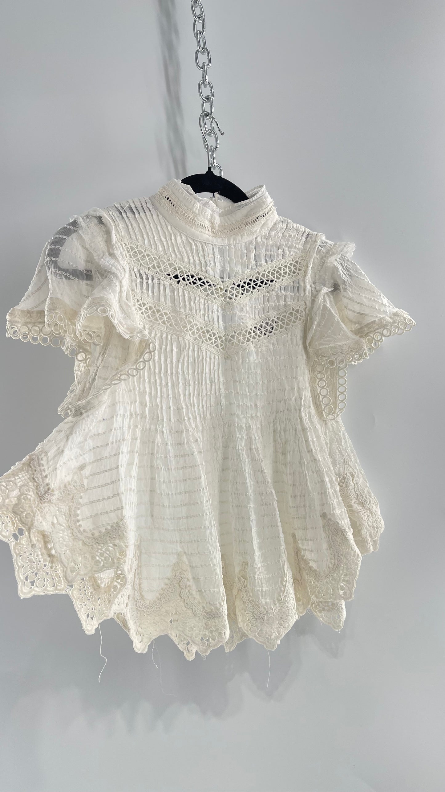 Kimchi Blue White 68% Viscose 32% Cotton Romantic Blouse with High Neck, Textured Body, and Scalloped Lace Hem and Sleeves (Small)