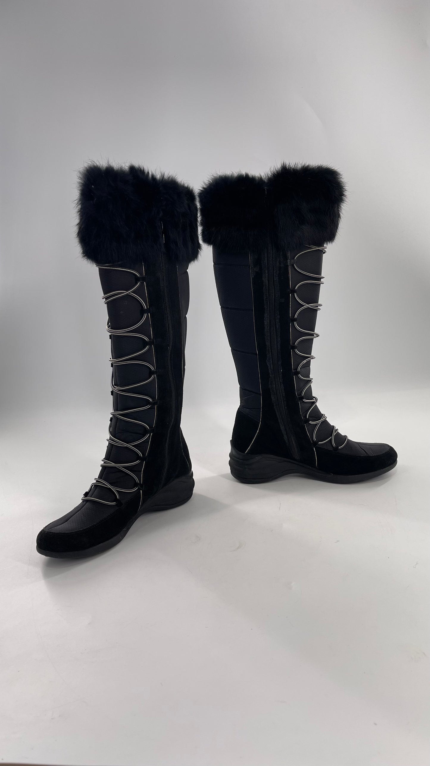 Baby Phat Black Knee High Boots with Rabbit Fur Trim, Bungee Cord Ties, and Embroidered Logo Design (8)