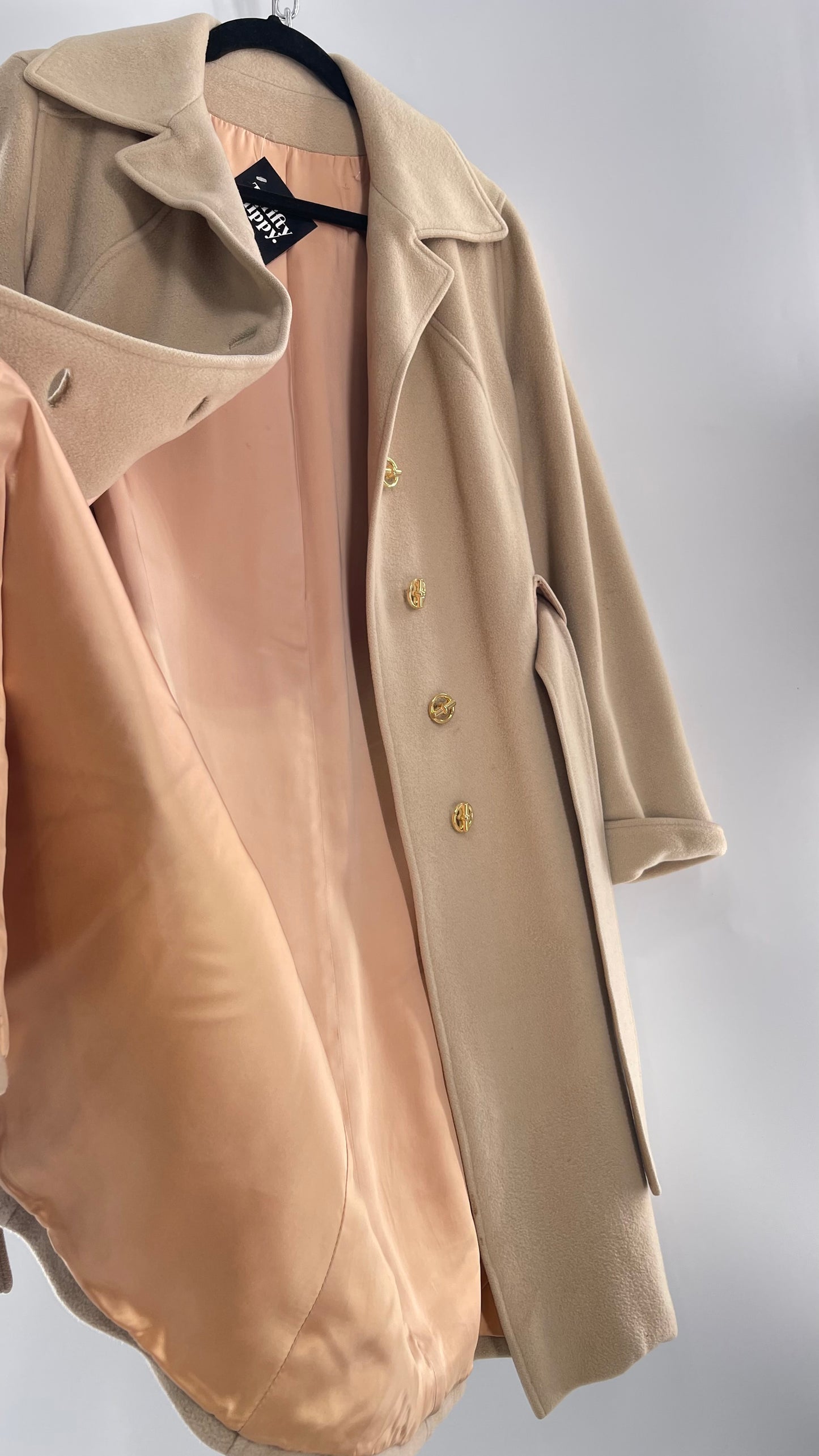 Vintage 100% Amicale Cashmere Beige Cream Coat with Apricot Satin Lining (C) (S/M)