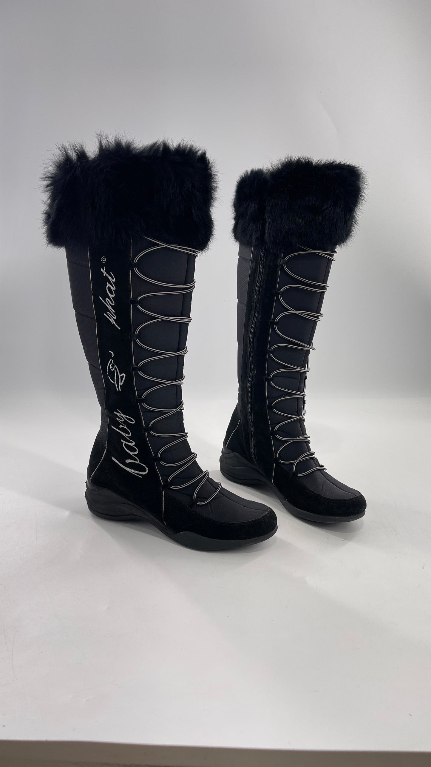 Baby Phat Black Knee High Boots with Rabbit Fur Trim, Bungee Cord Ties, and Embroidered Logo Design (8)