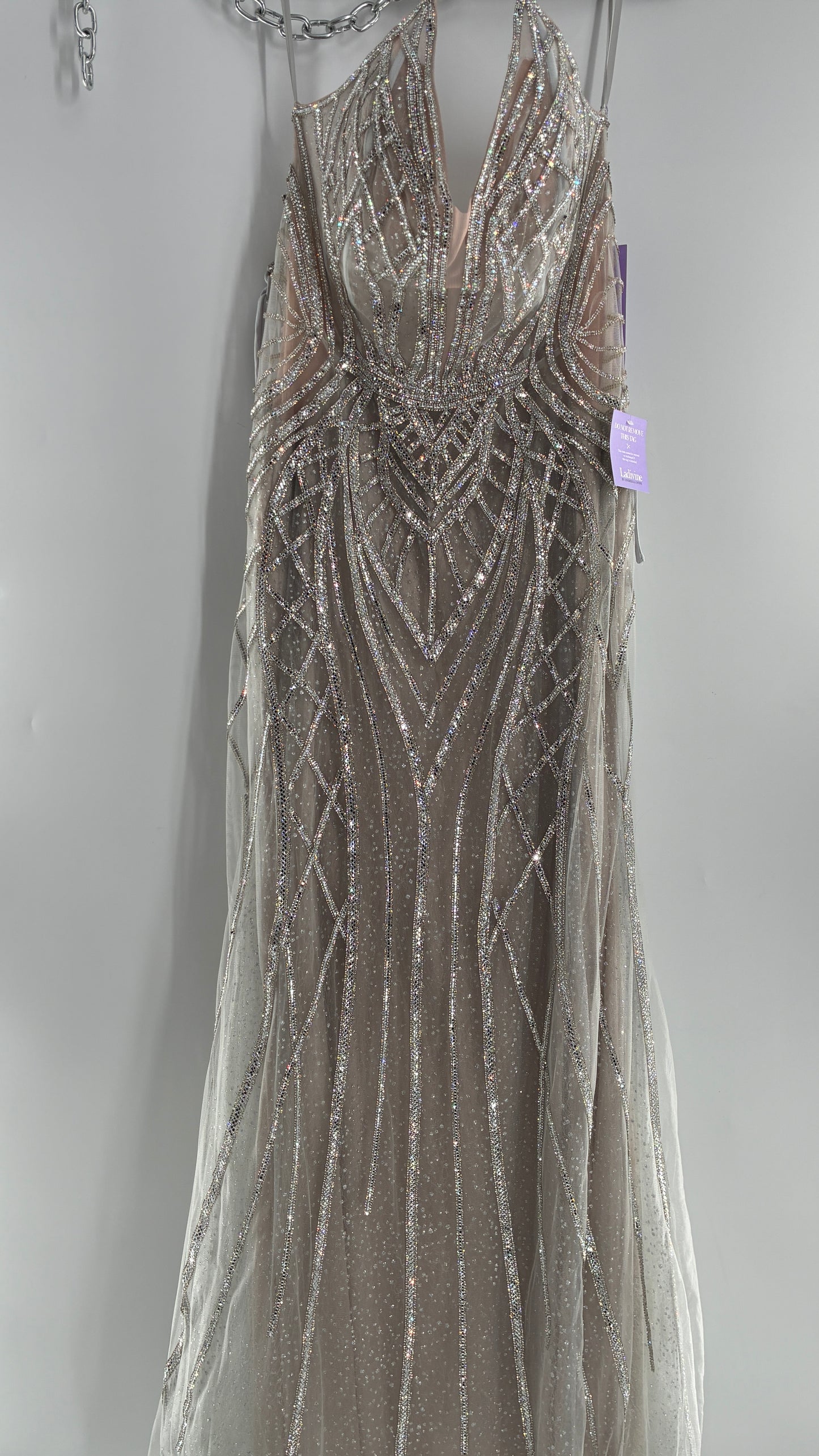 NWT LADIVINE by Cinderella Divine Silver Nude CC6018 Mermaid Corseted Gown with Multiple Layers of Tulle, Covered in Crystal Strips (16)