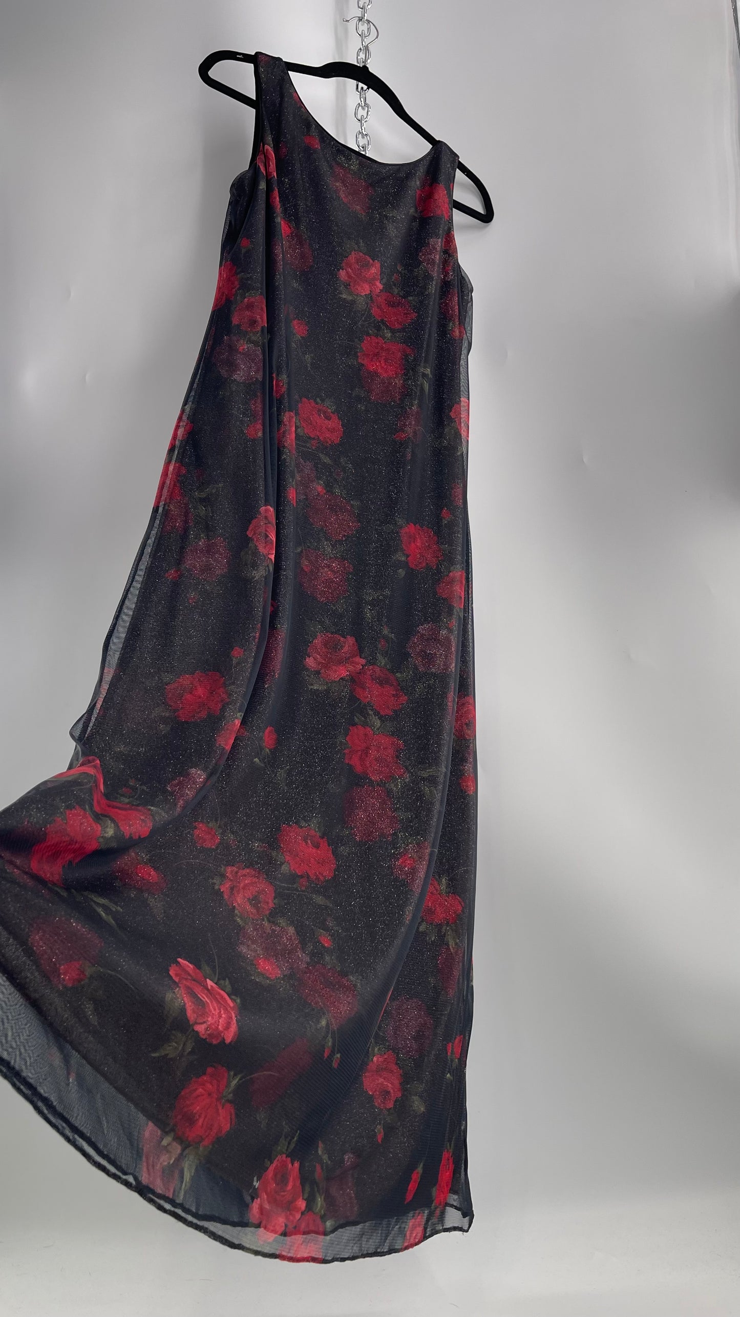 Vintage TEDDI EVENING Dress with Red Rose Layer Over Glitter Graphic and Black Base Layer (10)