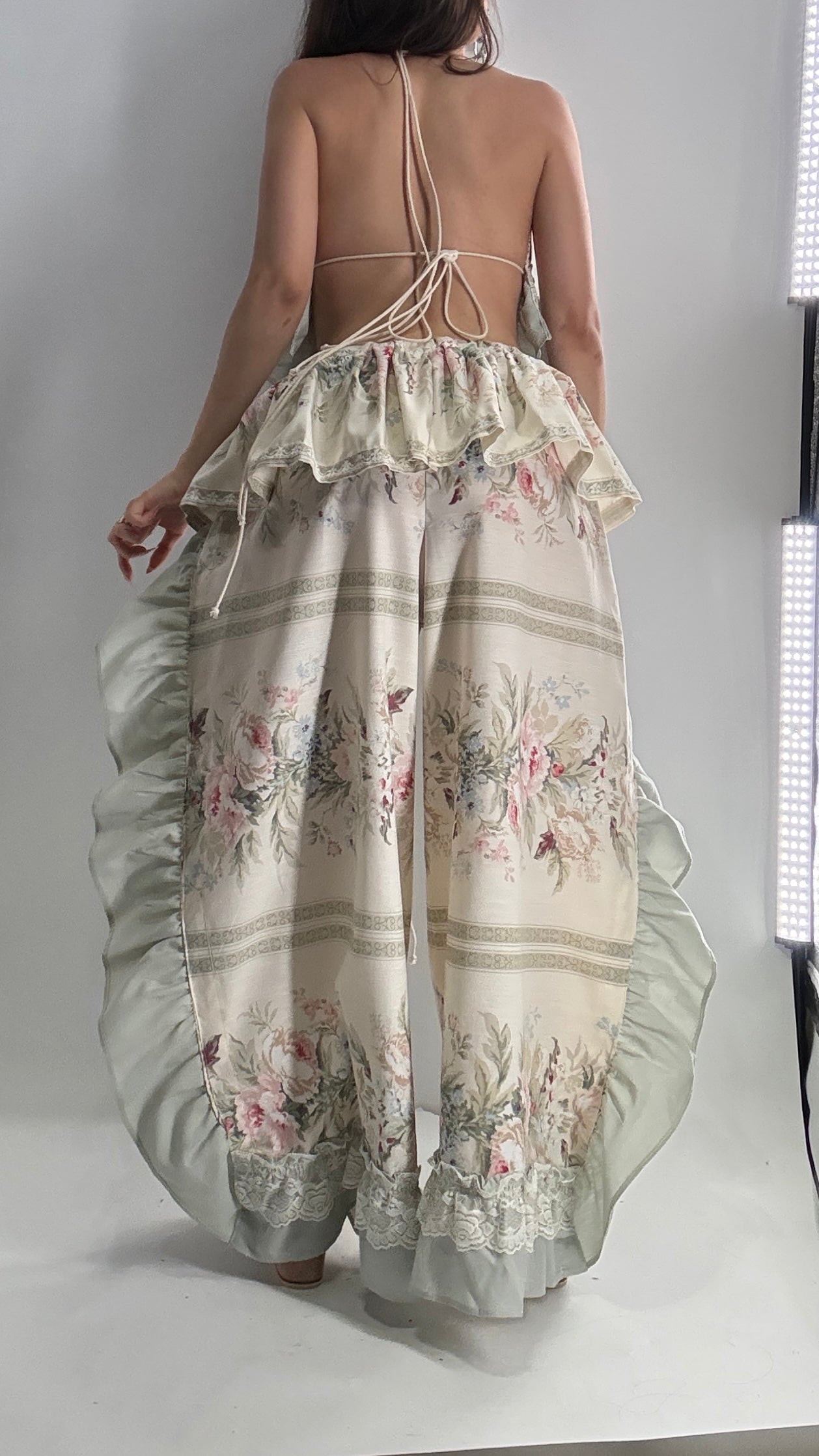 Handmade Vintage Muted Florals Two Piece Set with Adjustable Waist and Bust Lines (XS-XL)