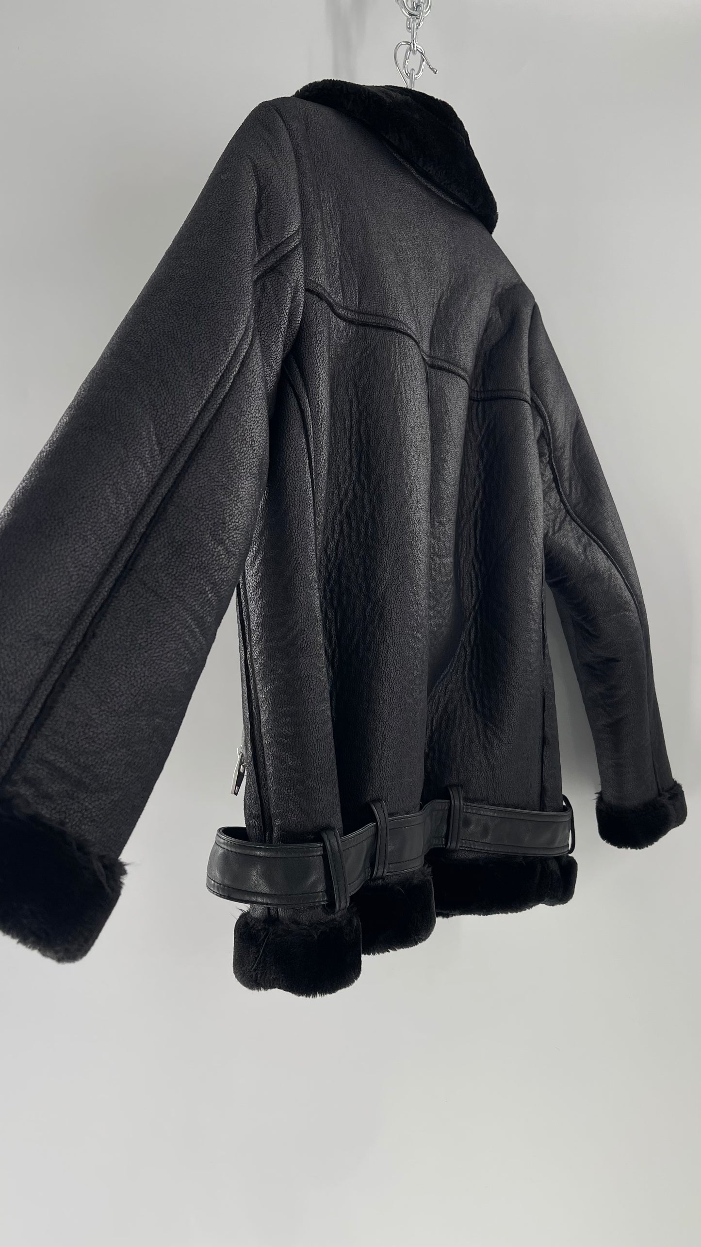 H&M (C) Black Faux Leather Moto Jacket with Faux Fur Lining (10)