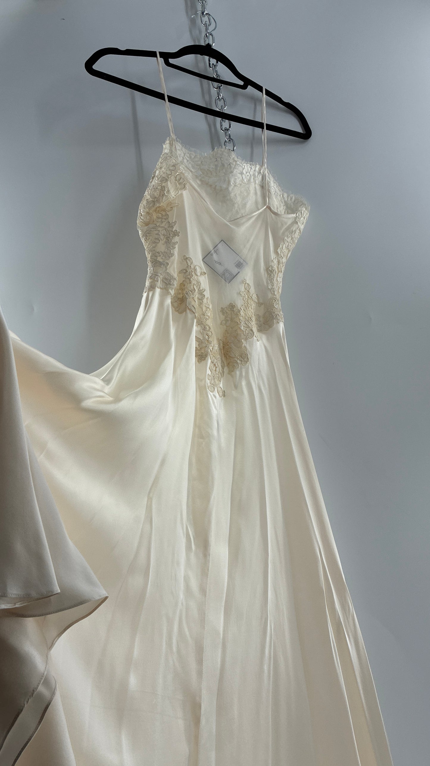 Vintage JONQUIL 100% Silk Gown with Heavy Lace Appliqués and Low Cut Sheer Back (Medium)