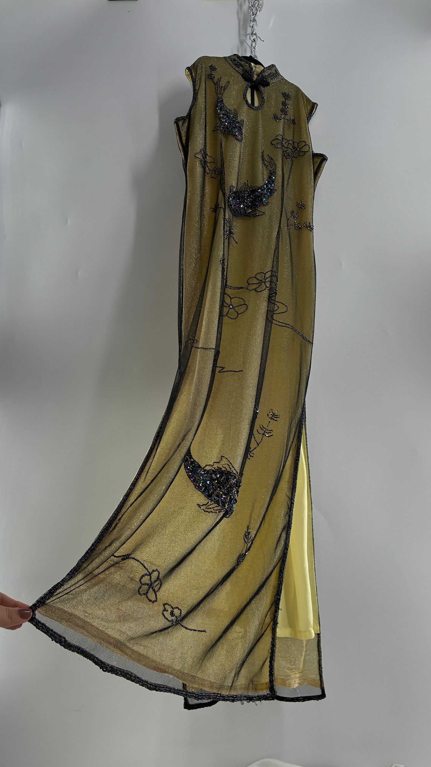 Vintage 1990s One of a Kind Handmade, Green Gown with Beaded Koi Fish, Metallic Tulle Overlay, and Symmetric Back (Medium)