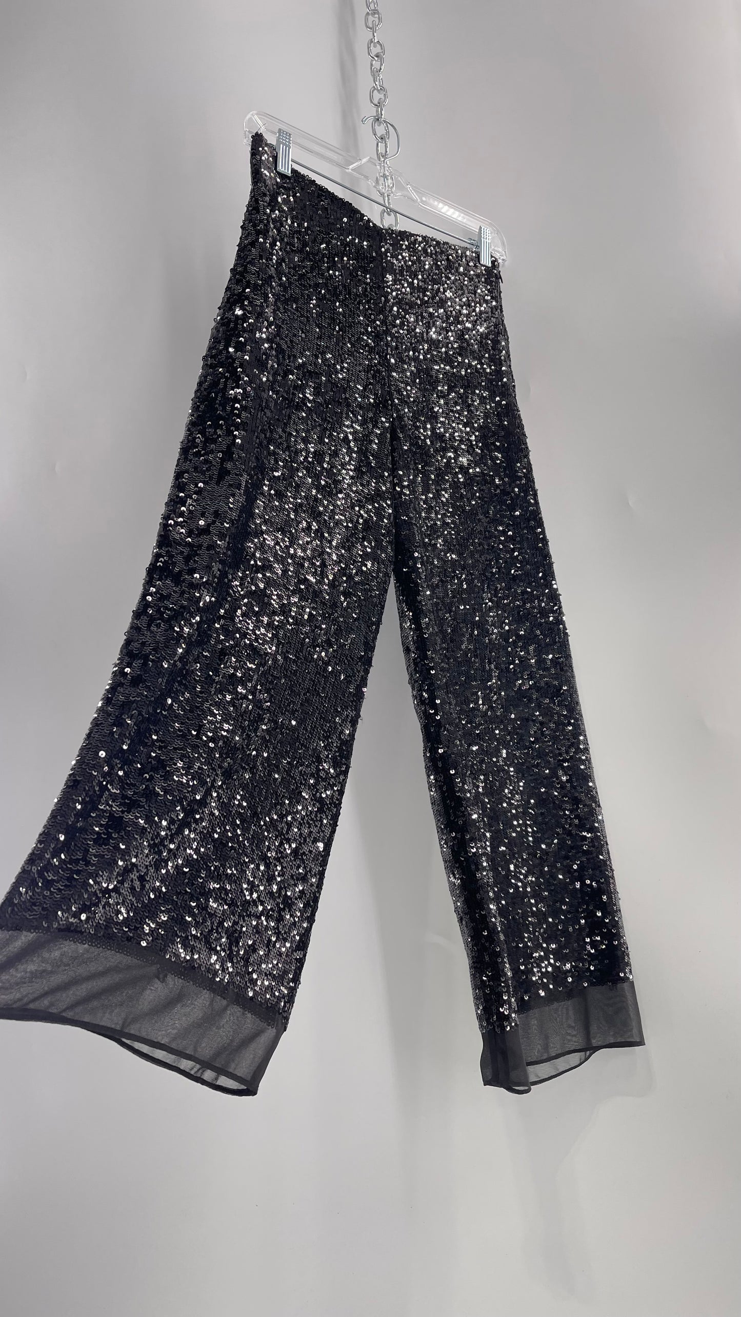 ZARA STUDIO Black Sequin Pijama Trouser with Chiffon Hem and Ribbon Lined Waist (Medium)