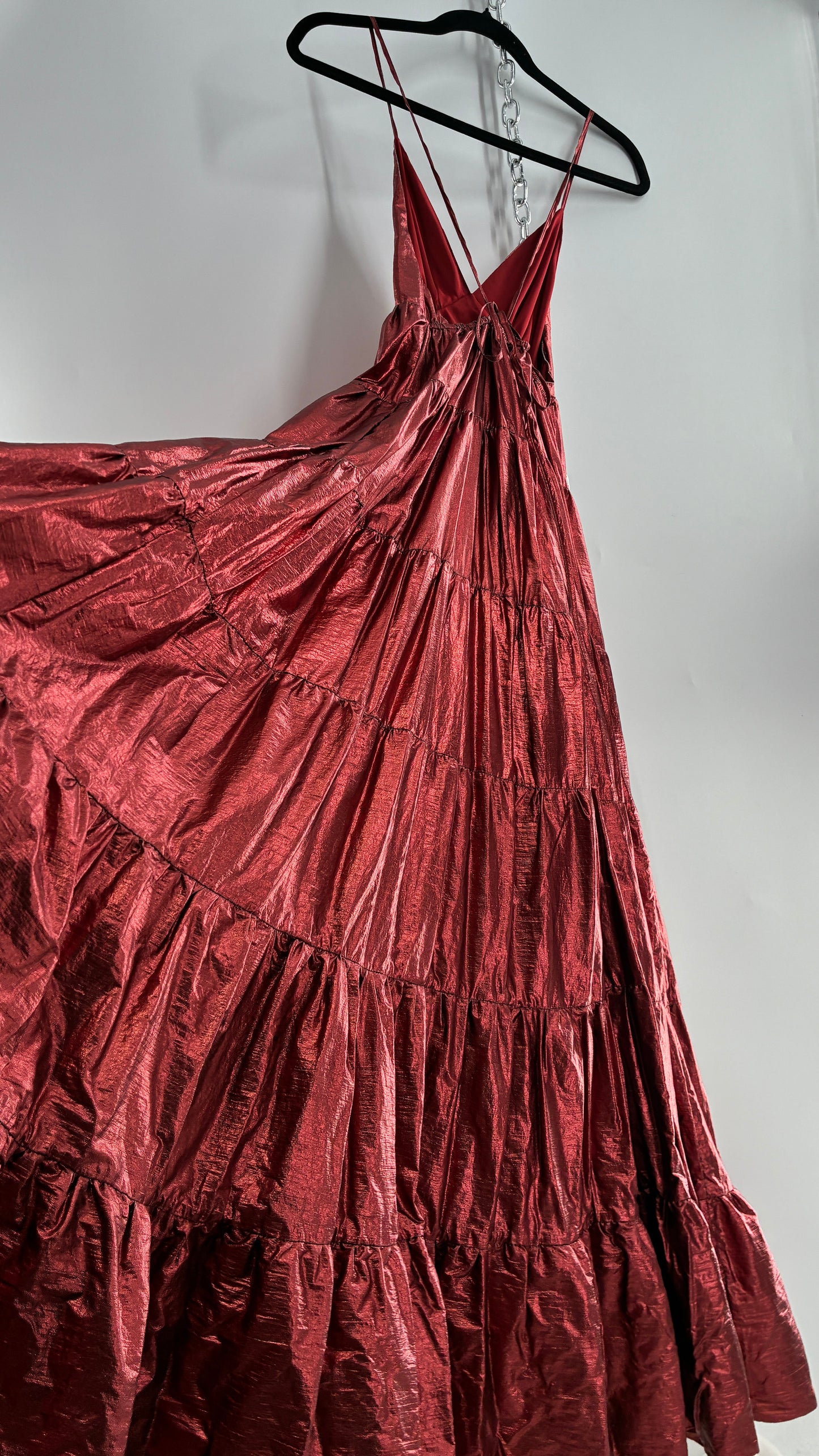 HUTCH Red Metallic Tiered Voluminous Maxi Gown (XS)