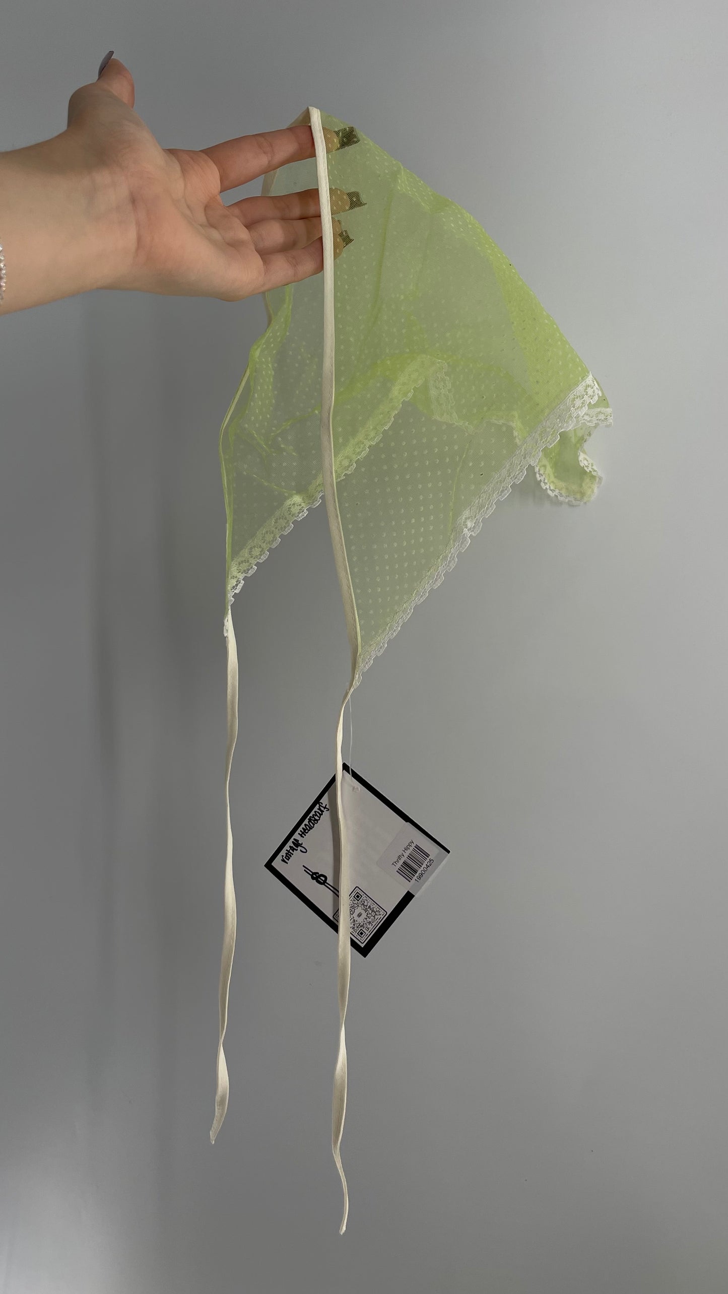 Vintage Green Headscarf Bonnet with Lace Trim