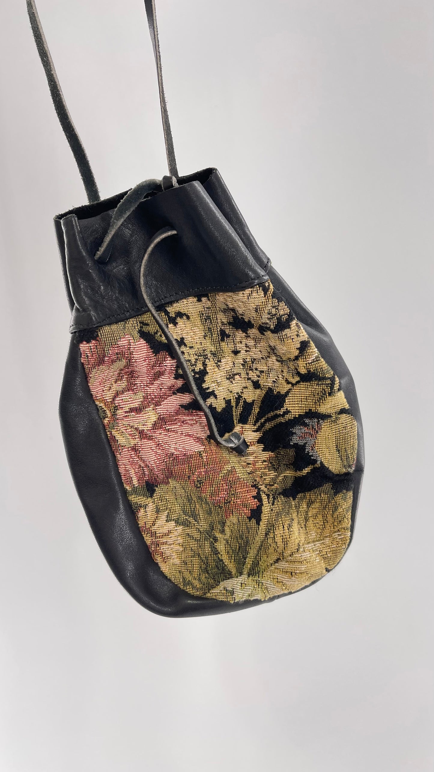 Vintage Floral Tapestry and Black Genuine Leather Pouch Satchel Purse