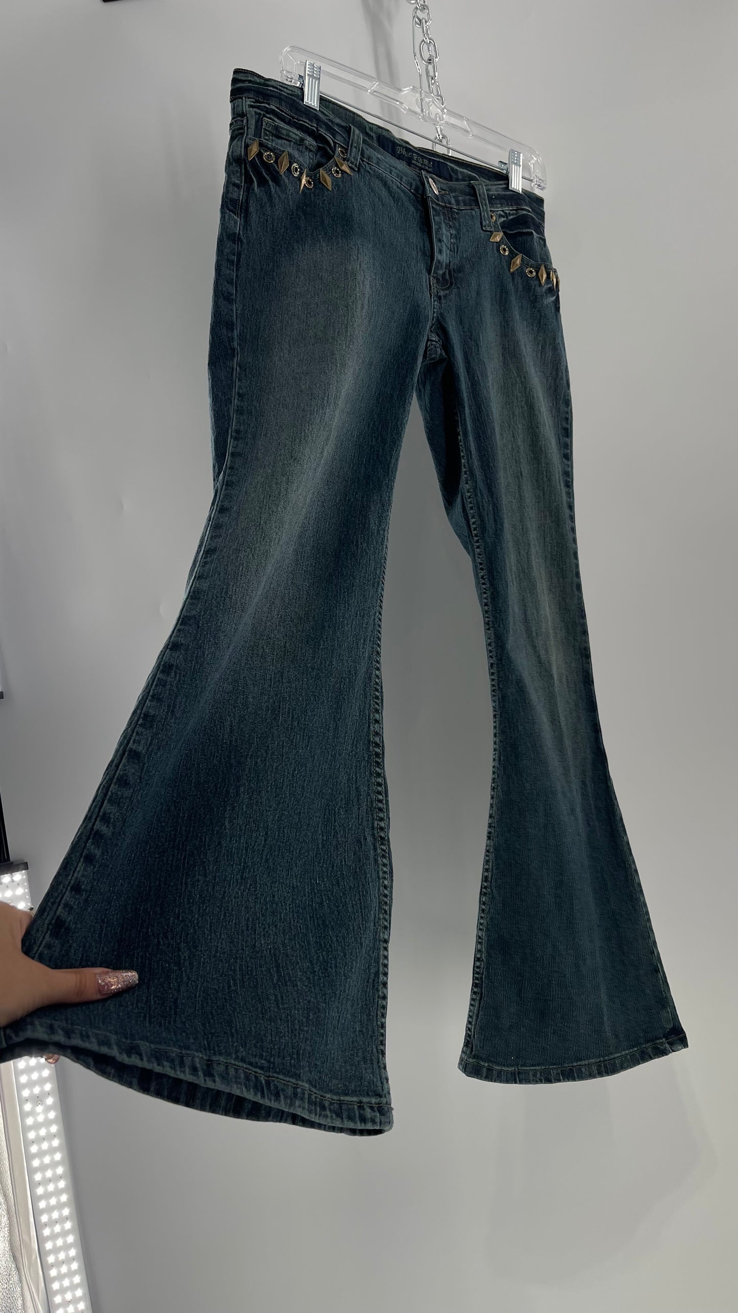 Vintage Blue Pointe Kickflare Medium Wash Jeans with Gold Rhinestone Metal Jewels (13)