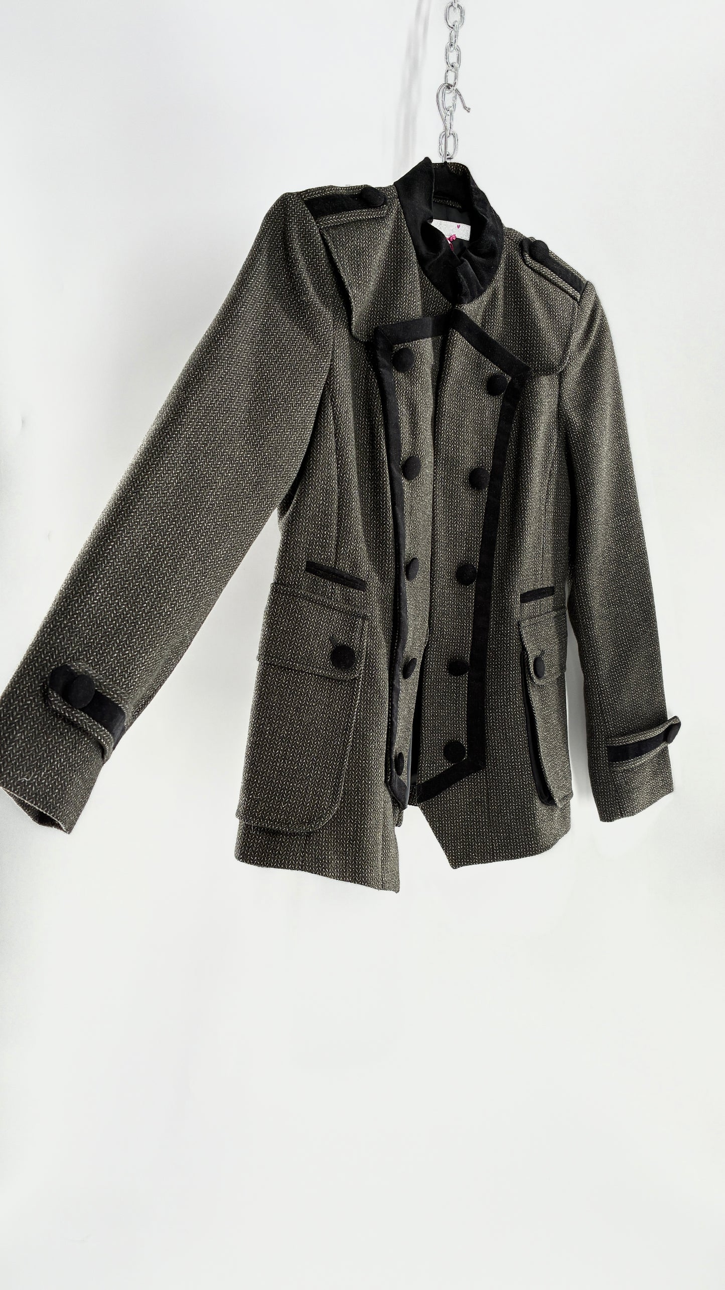 Deadstock Vintage PER UNA 41% Wool Grey Drummer Military Jacket with Black Velvet Piping and Tags Attached (12)