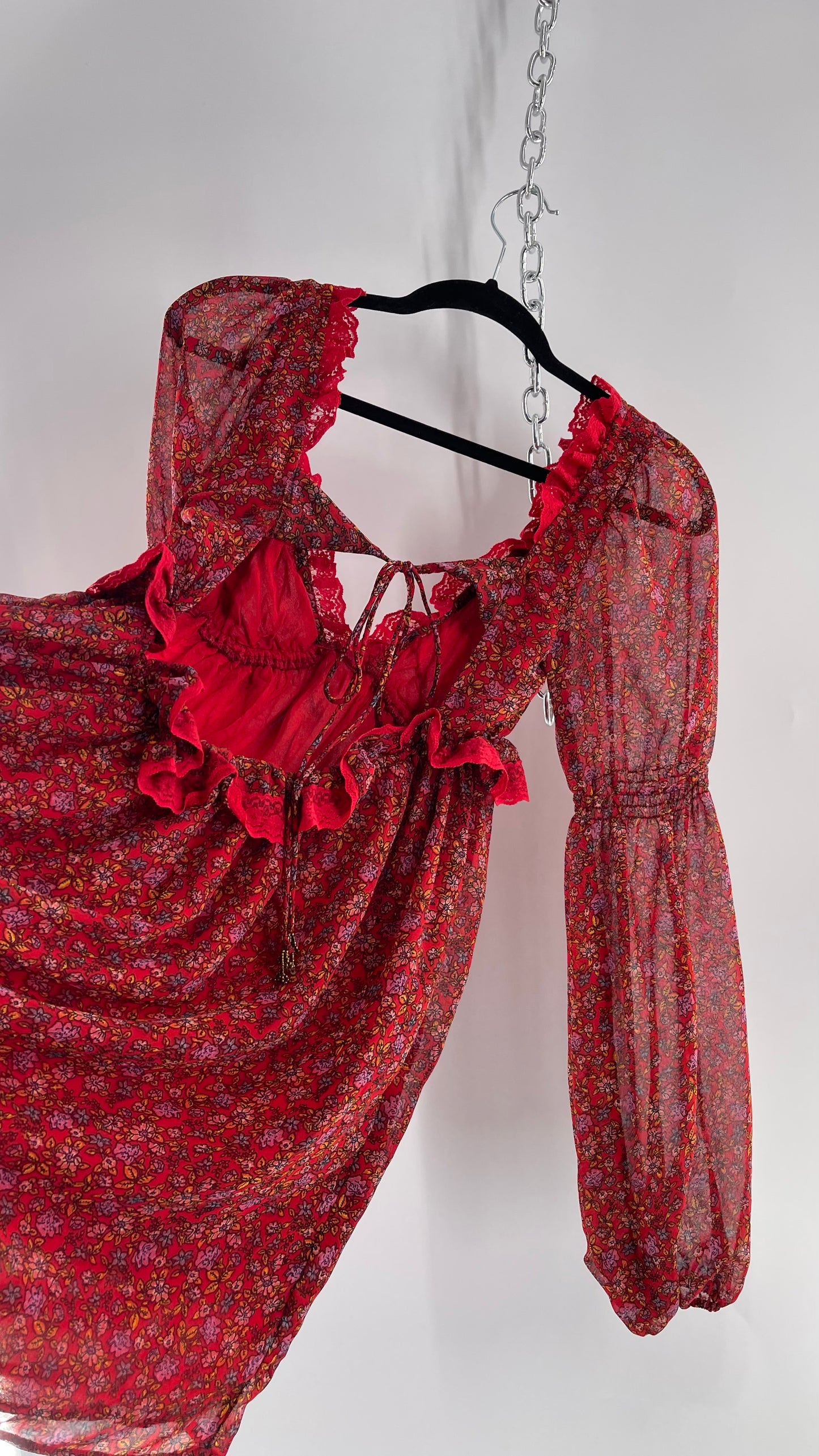 Free People Red Floral Mini Dress with Lace Trim, Open Back and Balloon Sleeves (Small)
