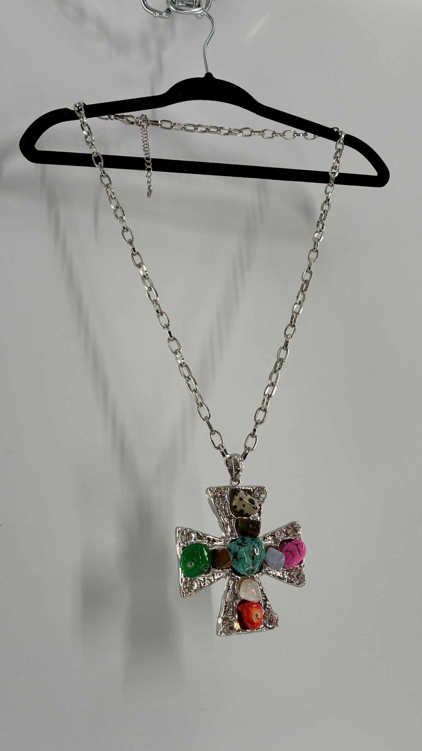 Vintage Silver Heavy Chain Necklace with Hammered Cross Covered in Stones and Rhinestones
