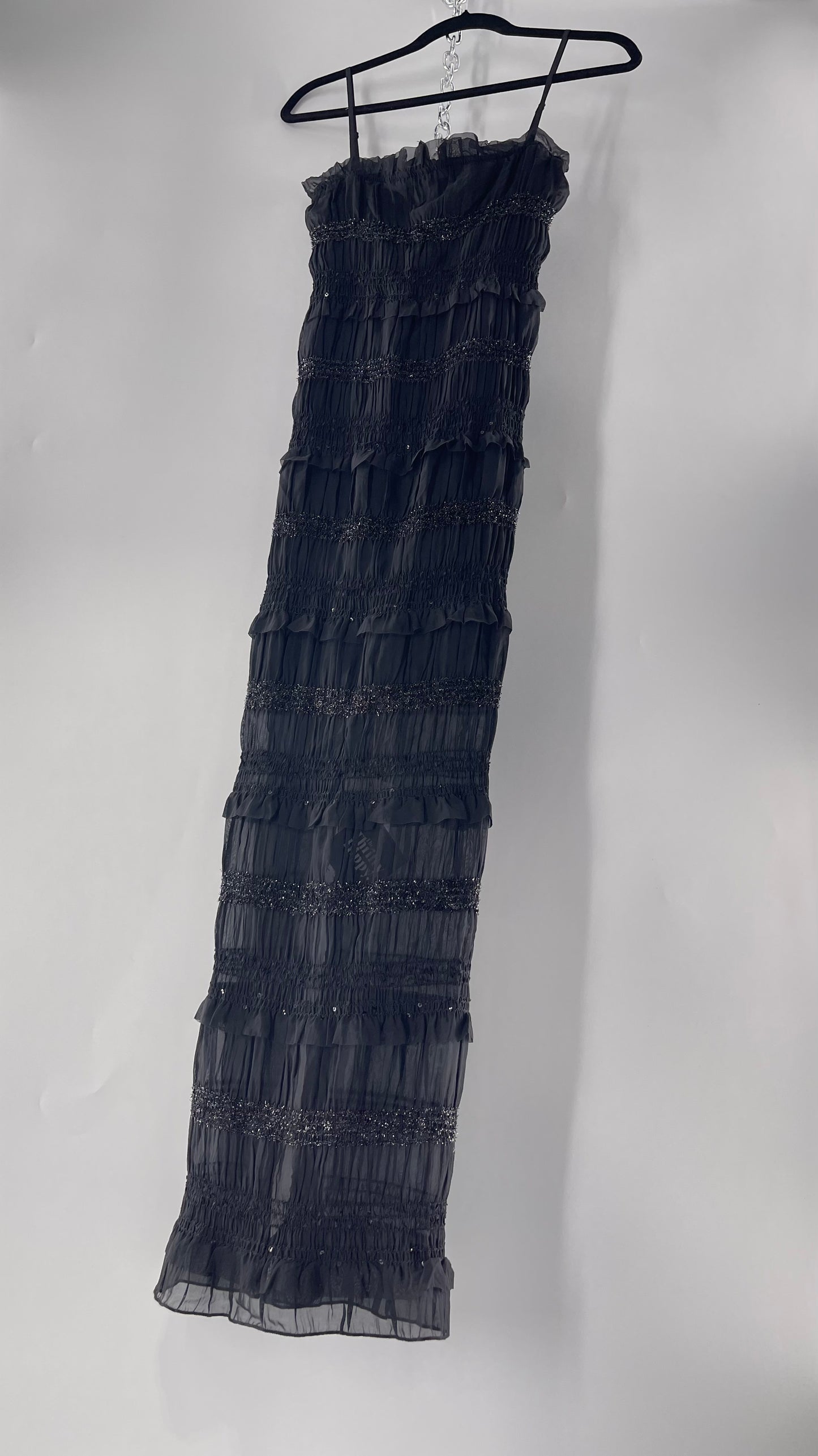 The Commense Black Sheer Crimped Midi Dress with Stripes of Tinsel and Ruffle with Tags Attached (Medium)