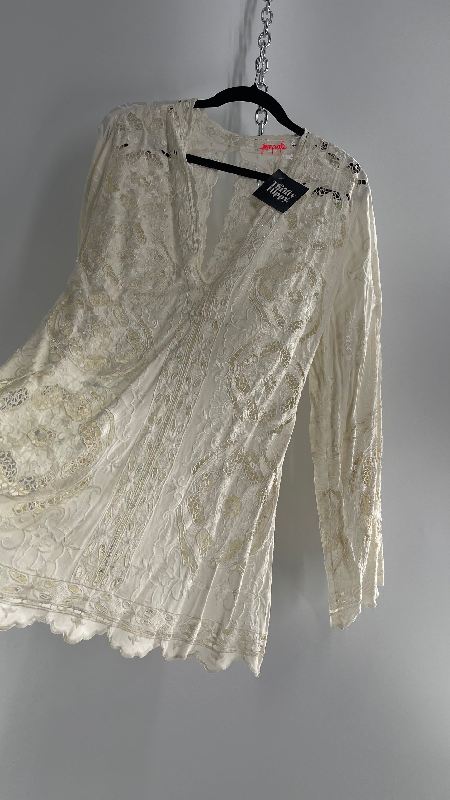 Free People Cream Lace Mini Dress (Small)