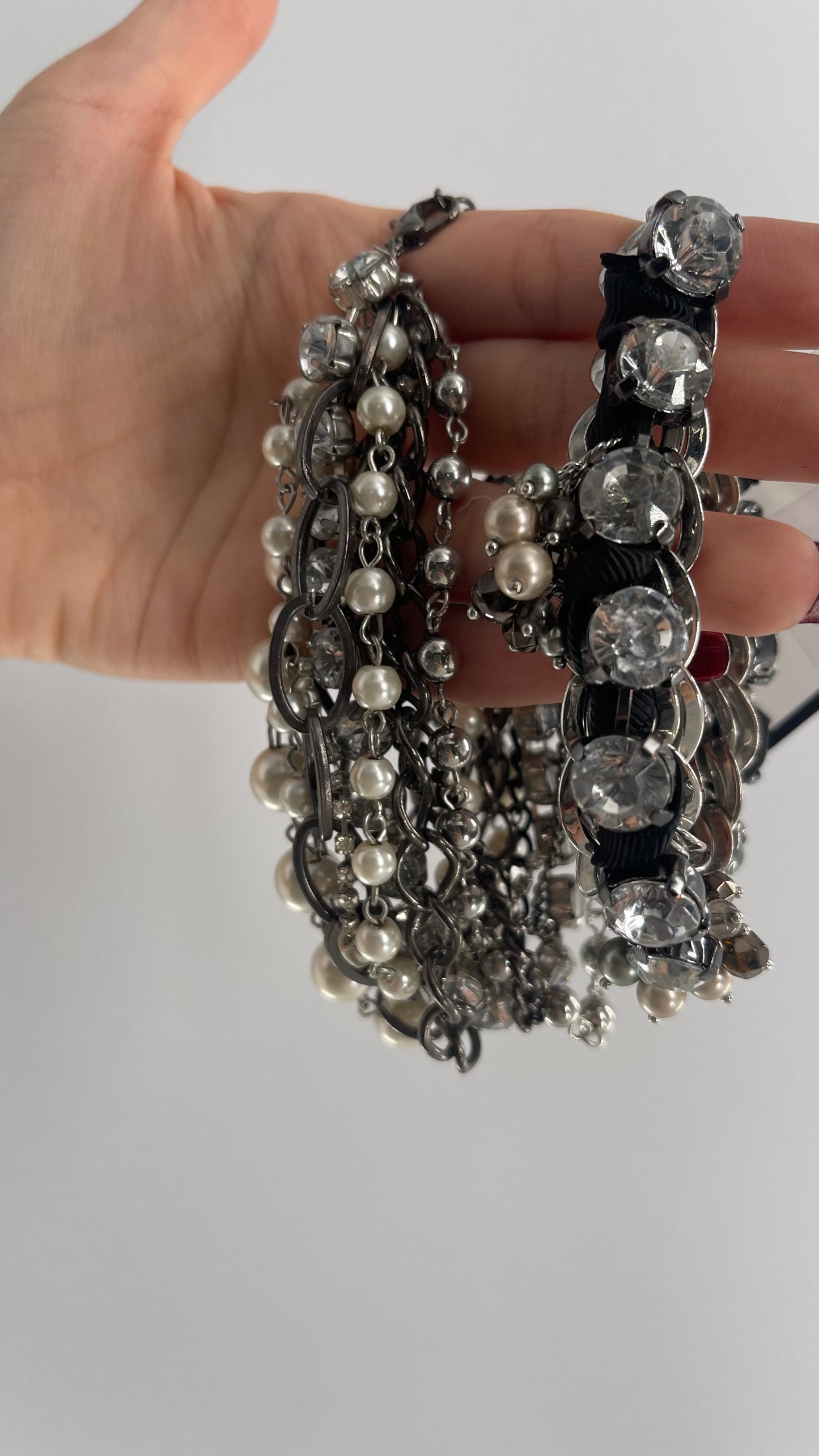 Vintage Heavy Layered Pearl Gunmetal Chain and Oversized Rhinestone 2pc Bracelet Set