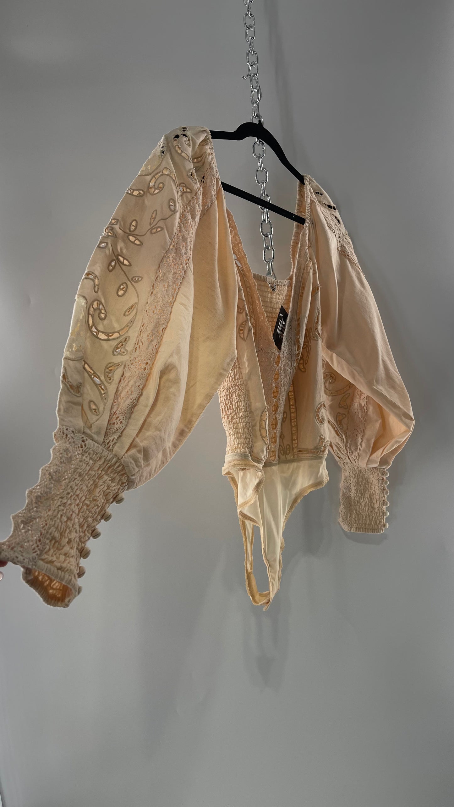 Free People Off White Cotton Bodysuit with Embroidered Lace Balloon Bishop Sleeve and Smocked, Buttoned Cuffs (Large)