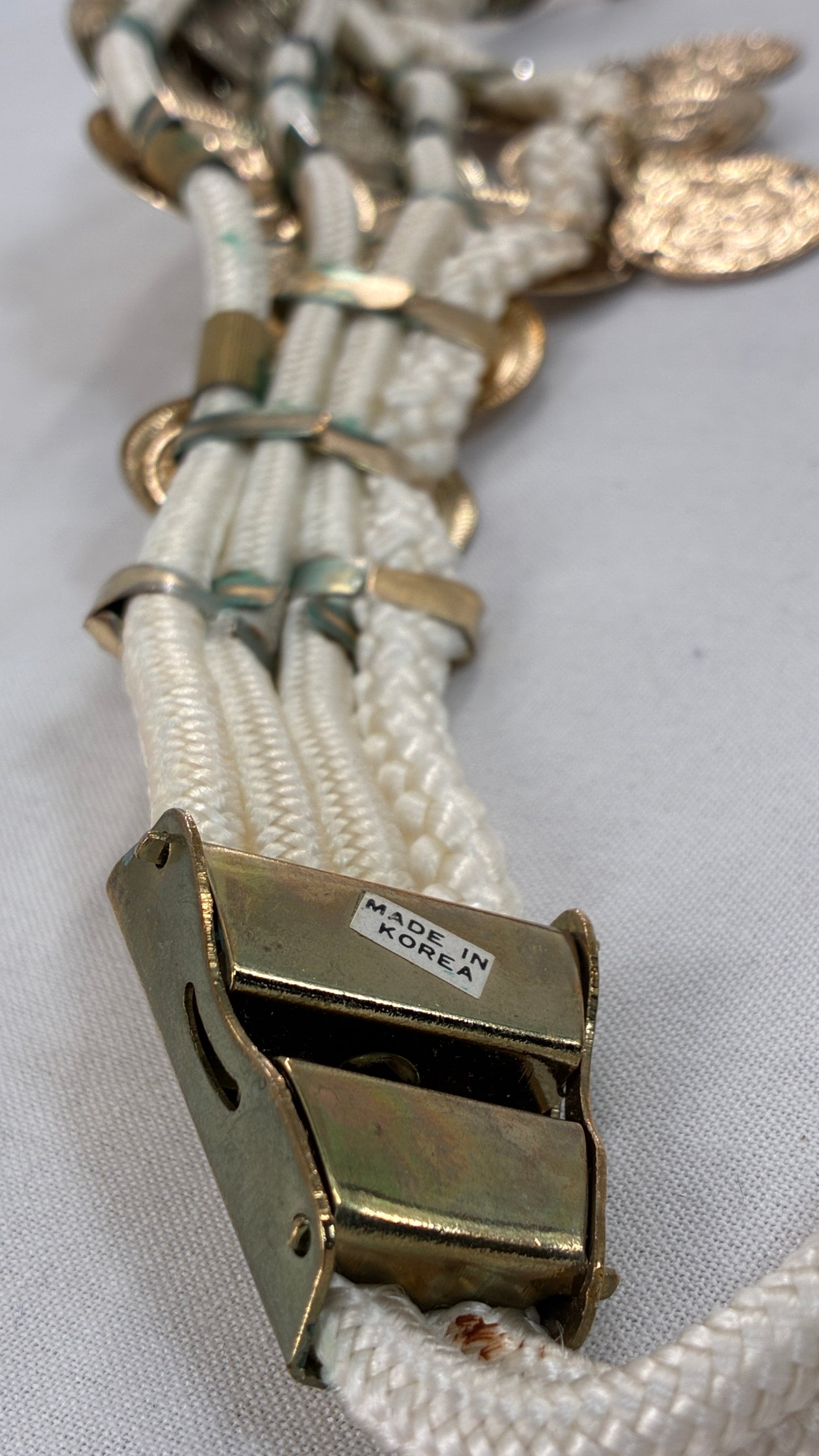 Vintage 1980s White Rope Belt with Gold Engraved Coins Made in Korea
