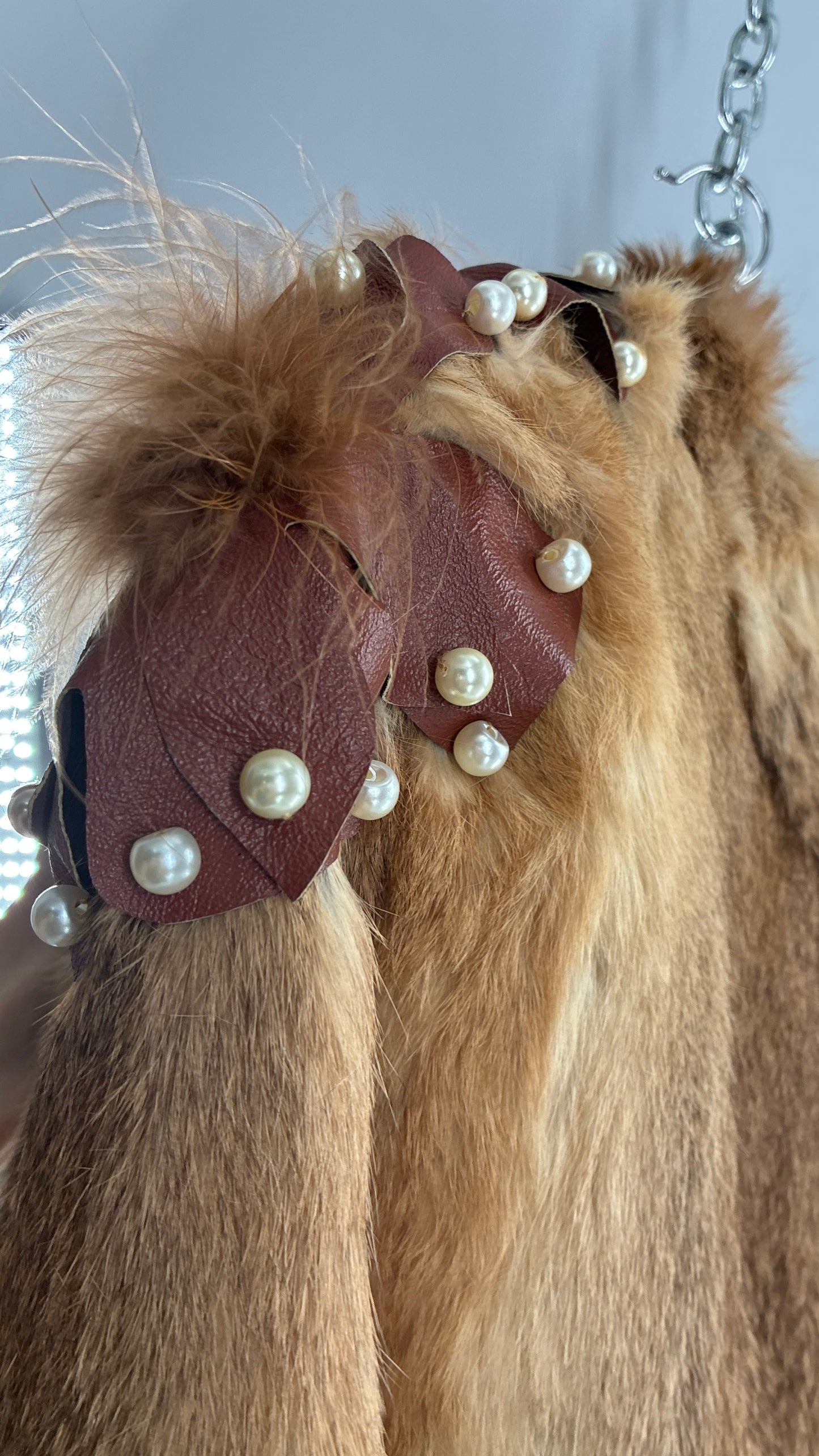 Vintage OPERA Montreal New York Genuine Fur Coat with Pearl Embellished Leather Flower Appliqués (Medium)