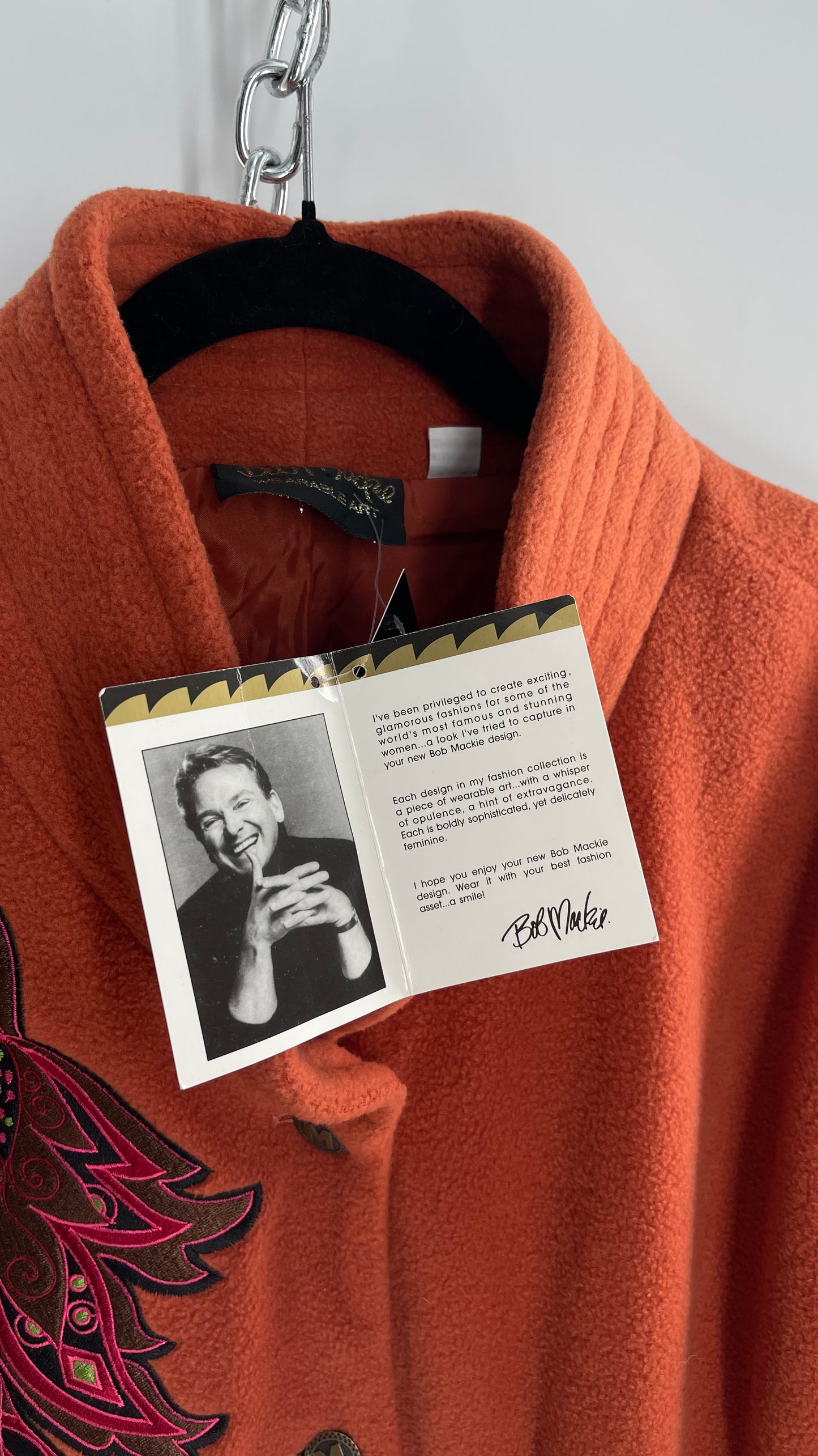 Deadstock Vintage Bob Mackie Orange Coat with Embroidered Sleeves and Body, Embossed Buttons and Tags Attached (XXXL)
