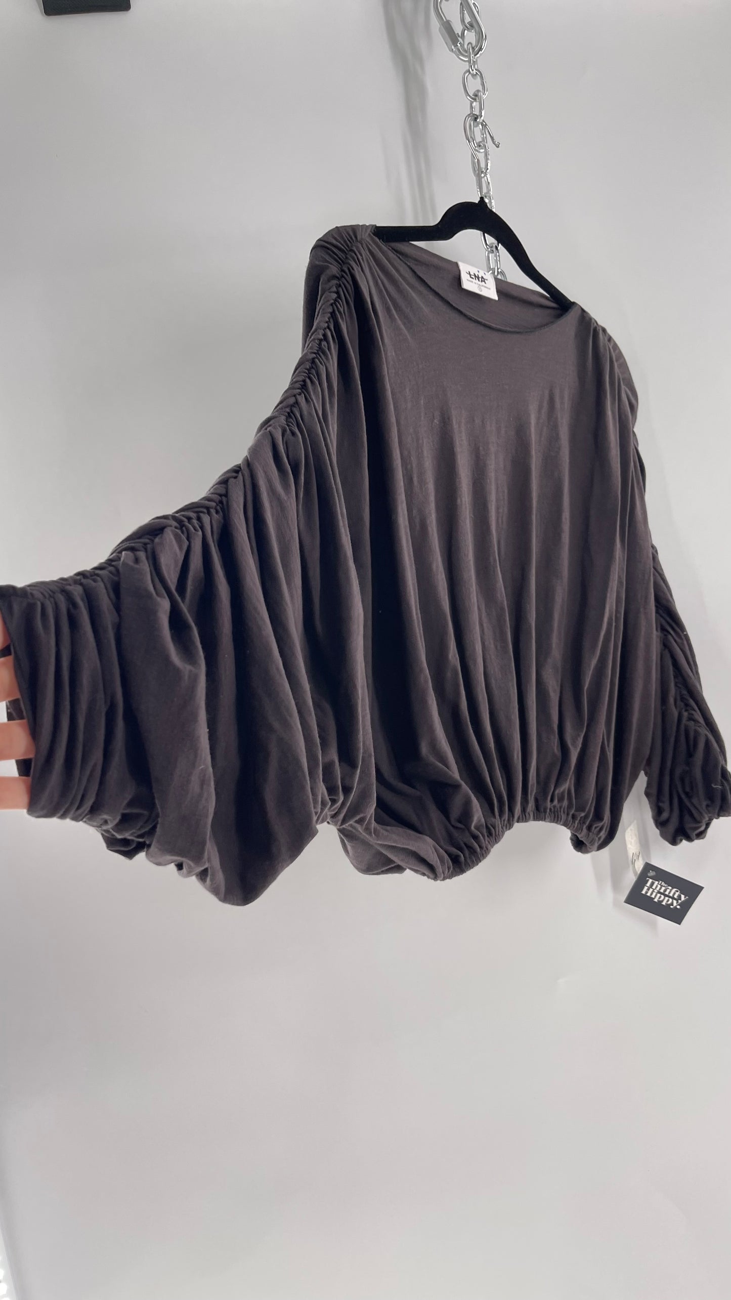 LNA California Made Free People Distopian Dark Grey Drape, Slouchy Ruched Long Sleeve with Tags Attached (Small)
