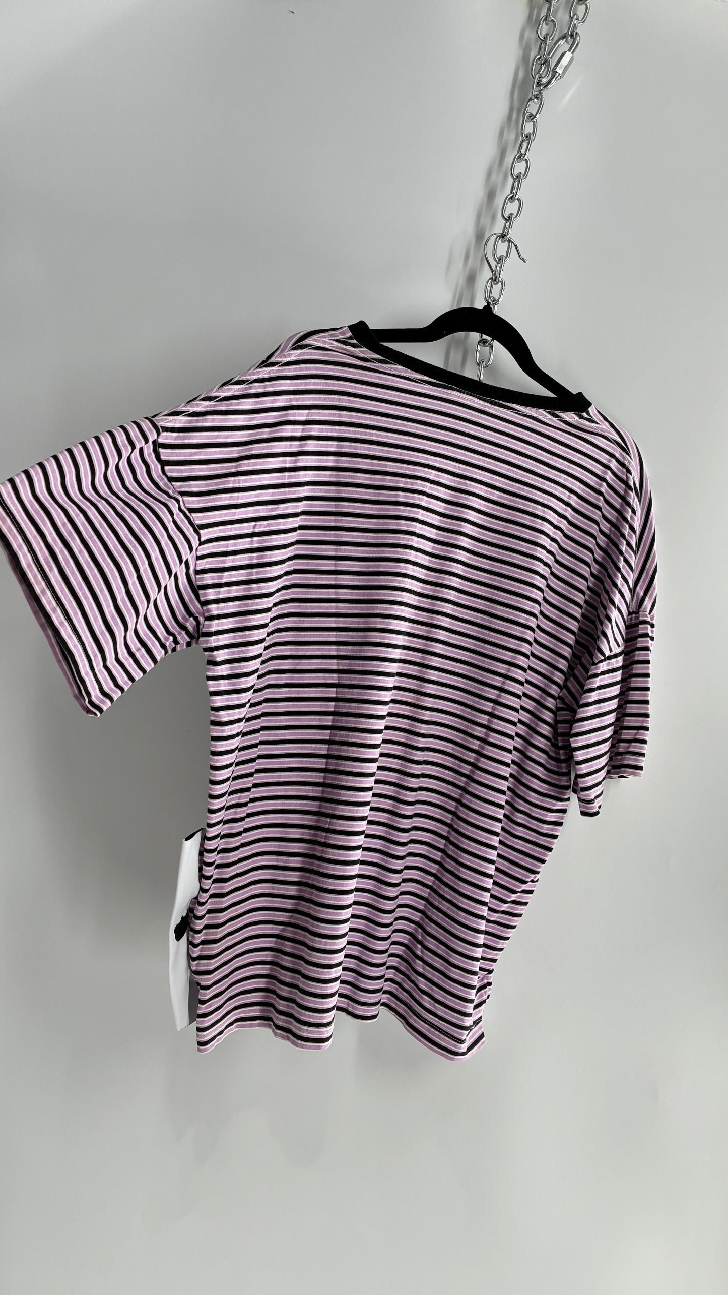 NICOPANDA Purple Black Striped Oversized Boxy T Shirt (Large)