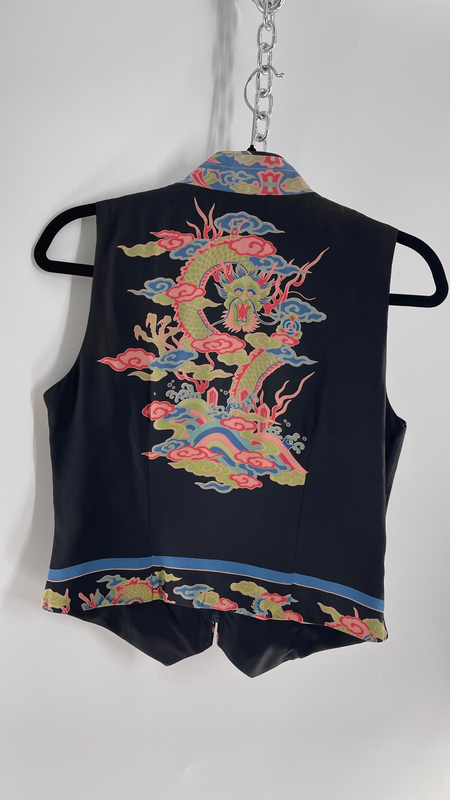 Vintage 1990s TAPP NEW YORK 100% Dragon Graphic Zip Front Crop Sleeveless Vest Top Silk (Medium)