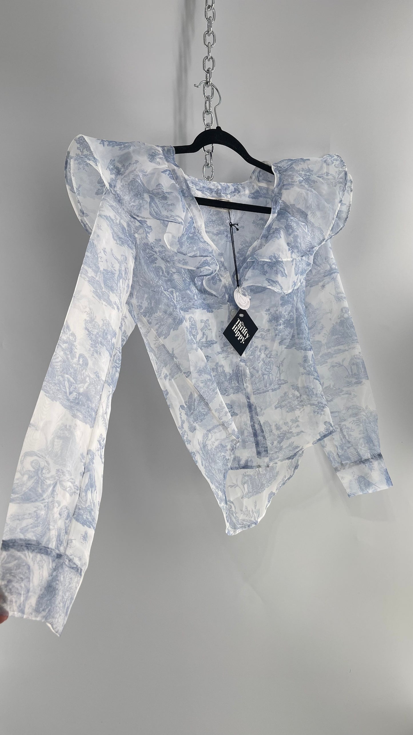 Laura Ashley Urban Outfitters Voile Sheer Ruffled Shoulder Button Up with Blue Vintage Print (XS)