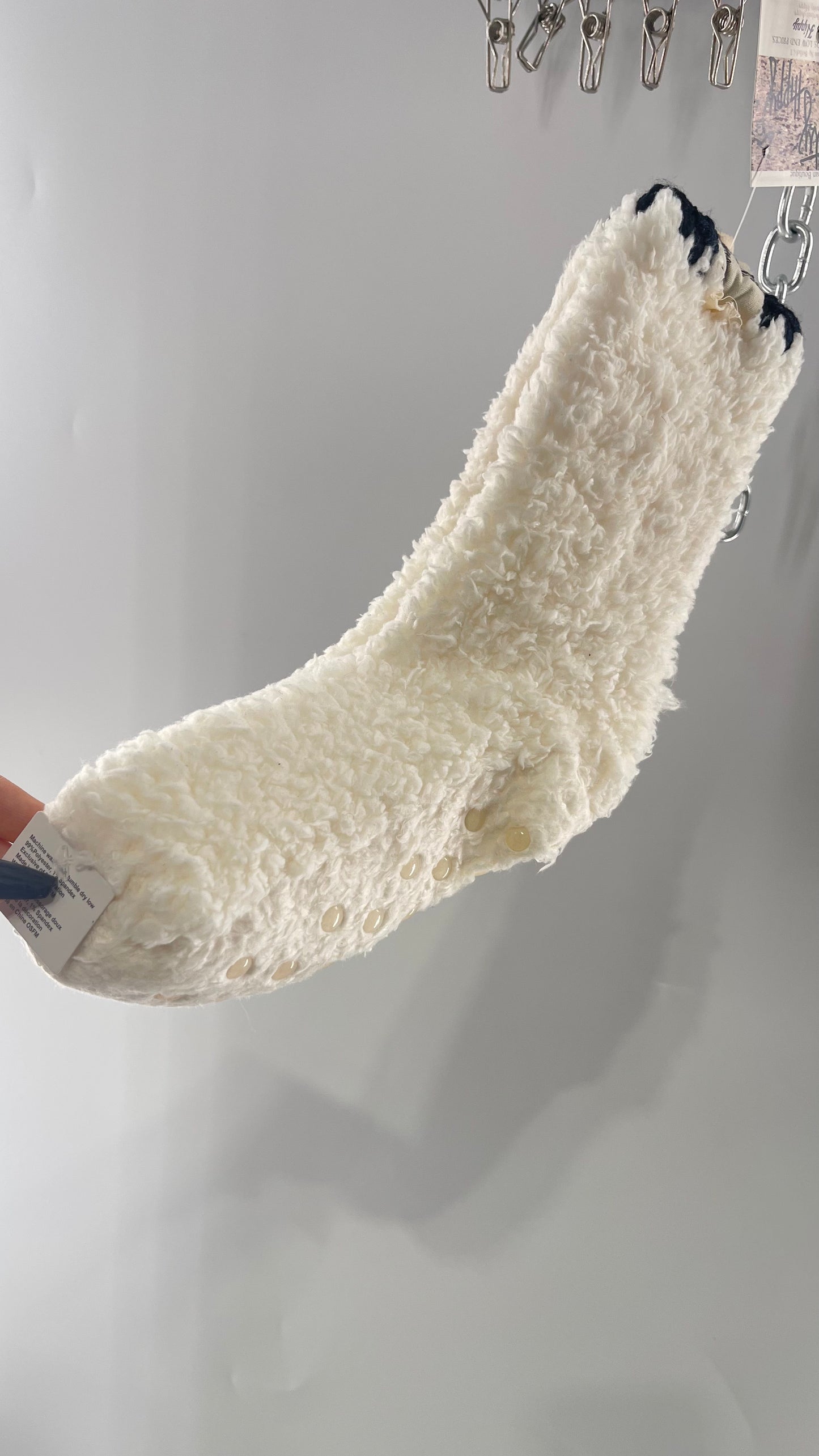 Free People White Fluffy Socks with Sole Grips with Black Stitched Detail on the Ankle