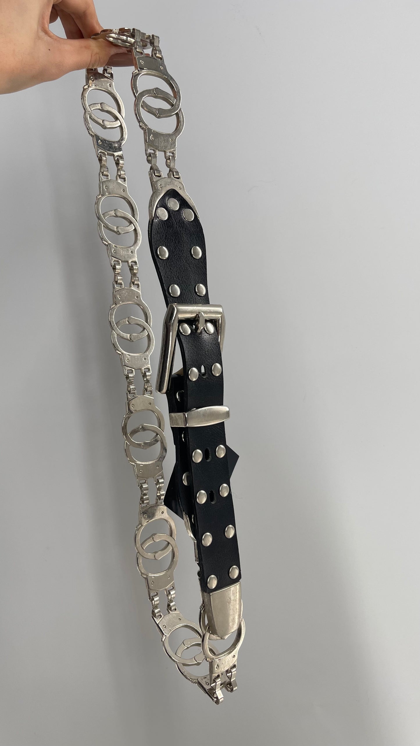 Vintage Handcuff Hardware Metal Black Leather Belt (Large)