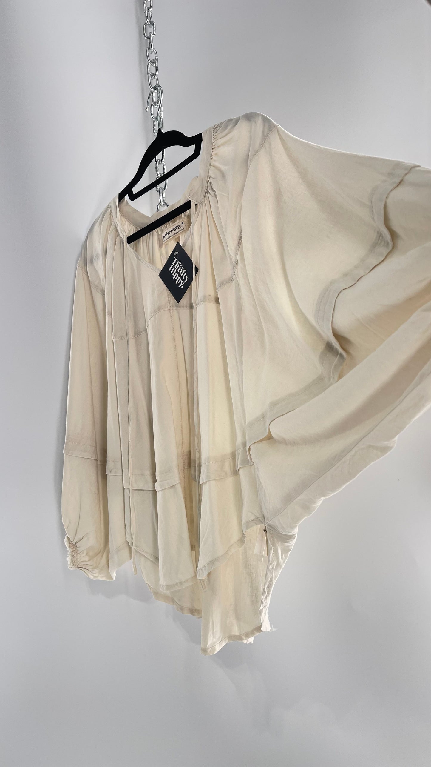 Free People Beige Off White Billow/ Prairie Sleeve Cape Blouse (Small)