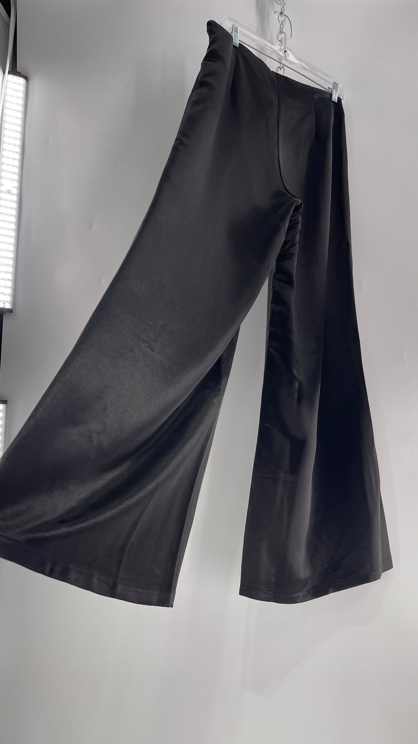 WHY Sultry Steps Black Satin Wide Leg Trouser with Vertical Strip of Satin Buttons (Medium)