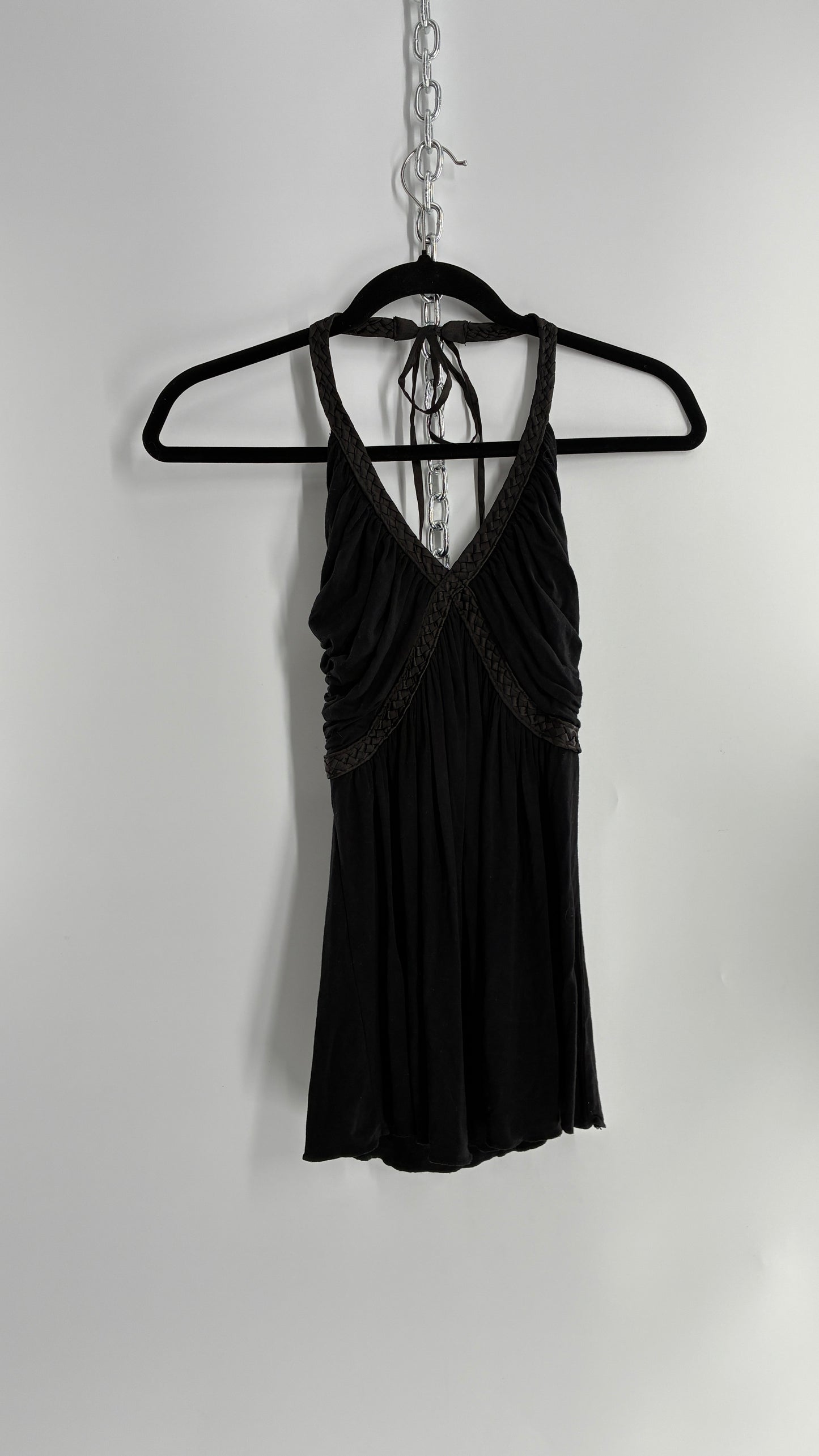 Vintage 1990s Dating Clothing Black Halter with Braided Detail (Small)