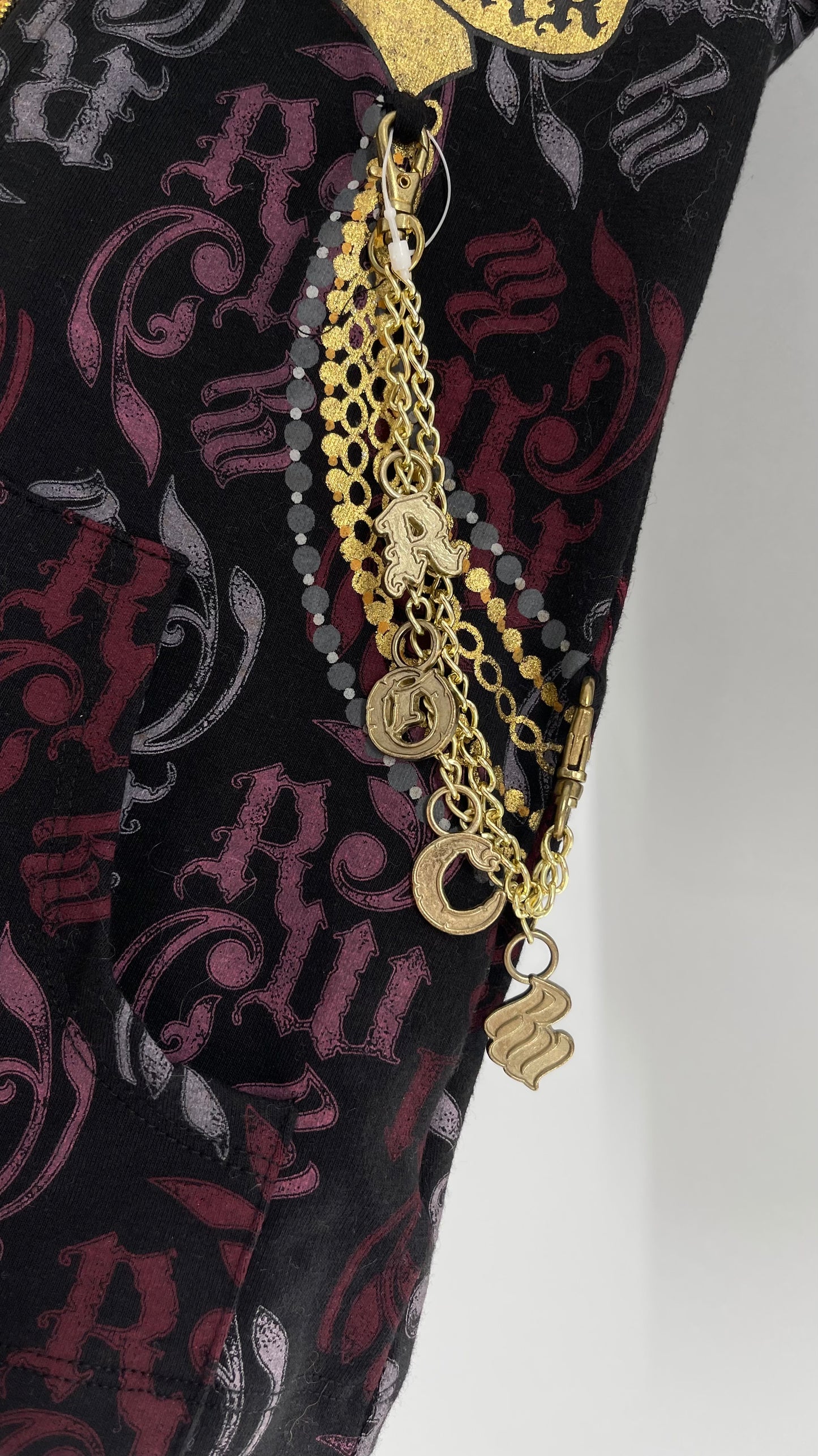 Vintage All Over Rocawear Logo Zip Up Hoodie with Gold Charm Chain and Silky Hood (XS/S)