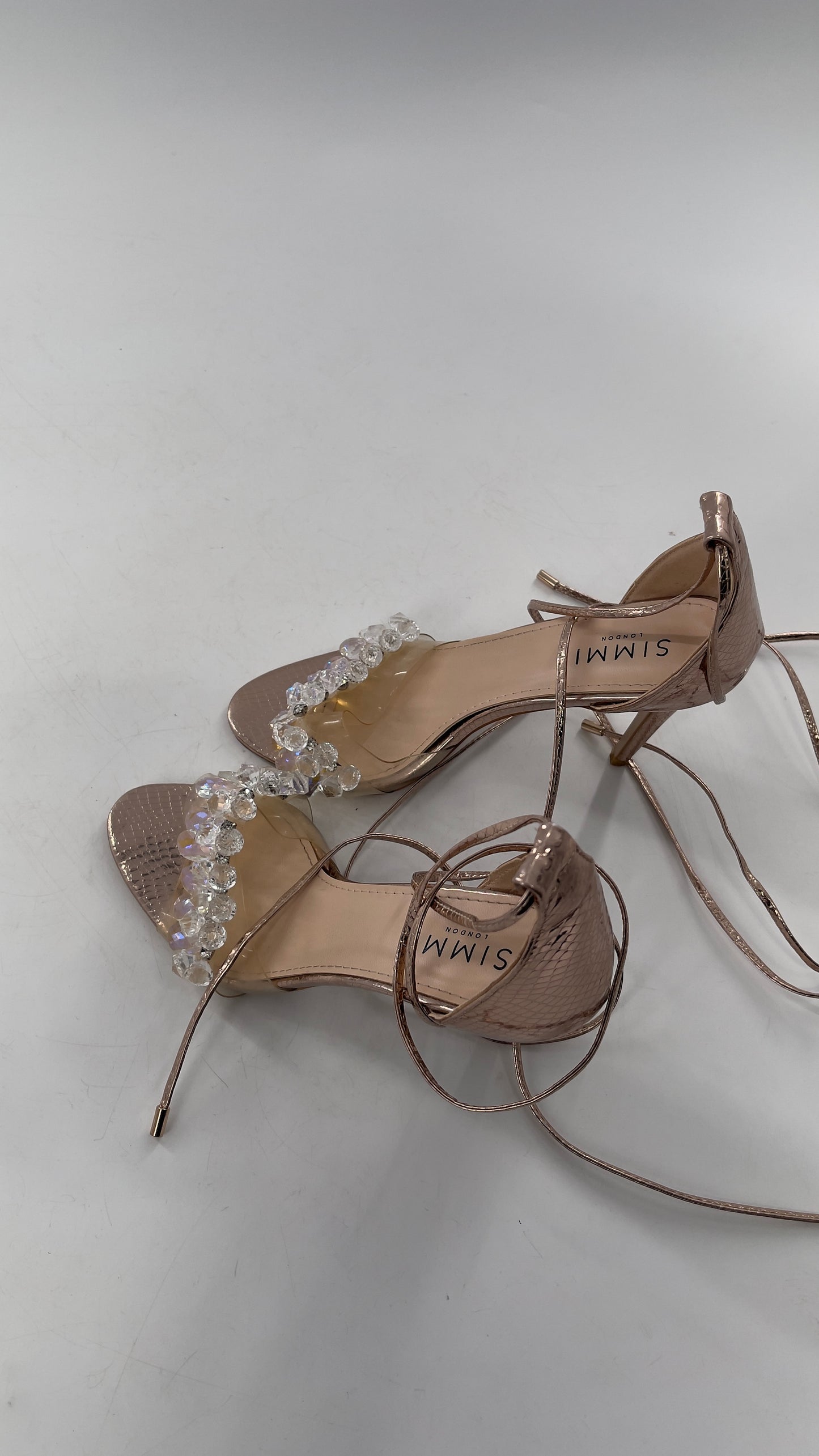 SIMMI LONDON Rose Gold Textured Heels with Clear Toe Strap Covered in Rhinestones/ Crystal Pendants and Tie Up Ankle Straps (7)