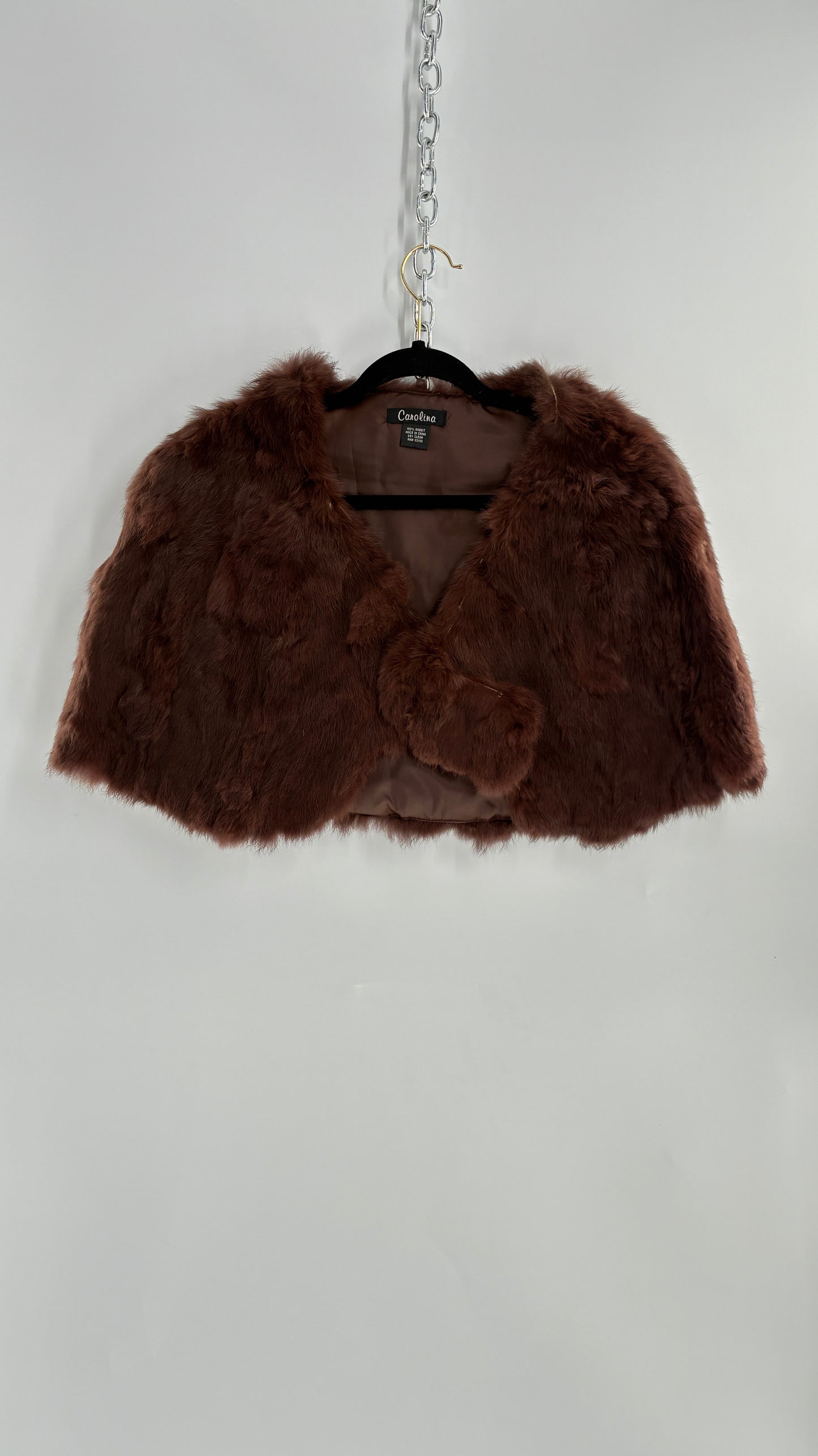 Vintage CAROLINE 100% Rabbit Fur Brown Shrug Cape with Oversized Round Buckle (One Size)