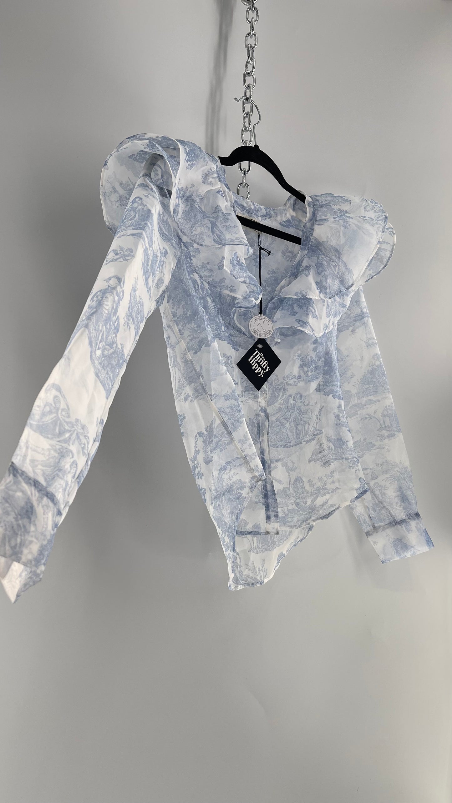 Laura Ashley Urban Outfitters Voile Sheer Ruffled Shoulder Button Up with Blue Vintage Print (XS)