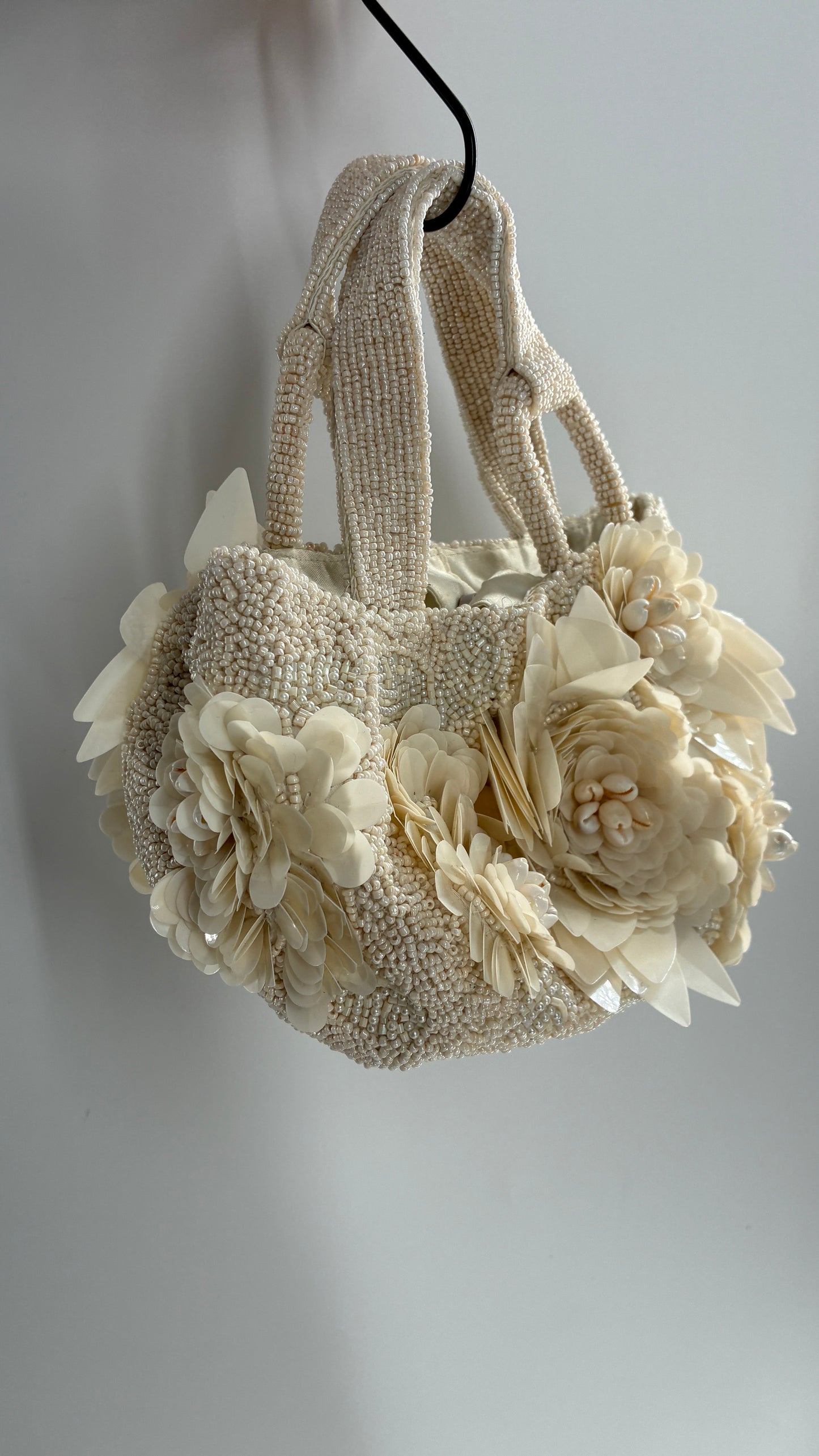 Beaded Off White Purse with Sequin and Shell Flowers