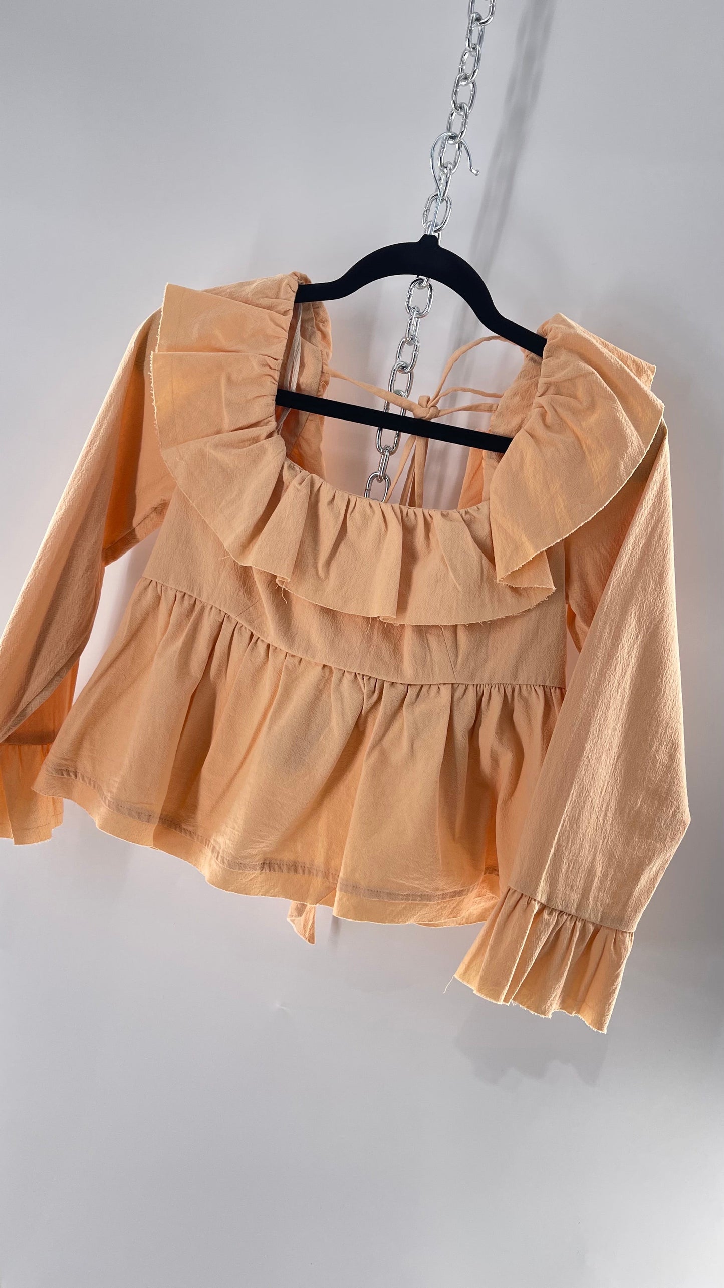 Free People Pumpkin Light Orange Backless Bow Back Cropped Blouse with Ruffle Sleeve and Neckline (XS)
