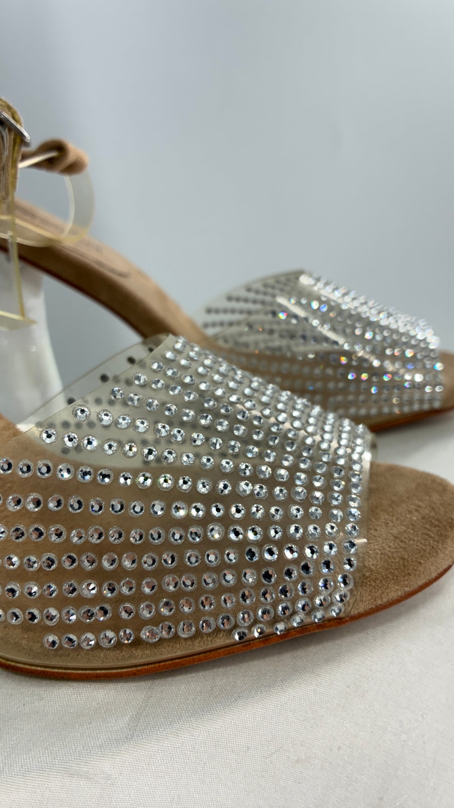 JEFFREY CAMPBELL Lucite Heel Suede Sole, Clear Strap Rhinestone Heel (8)