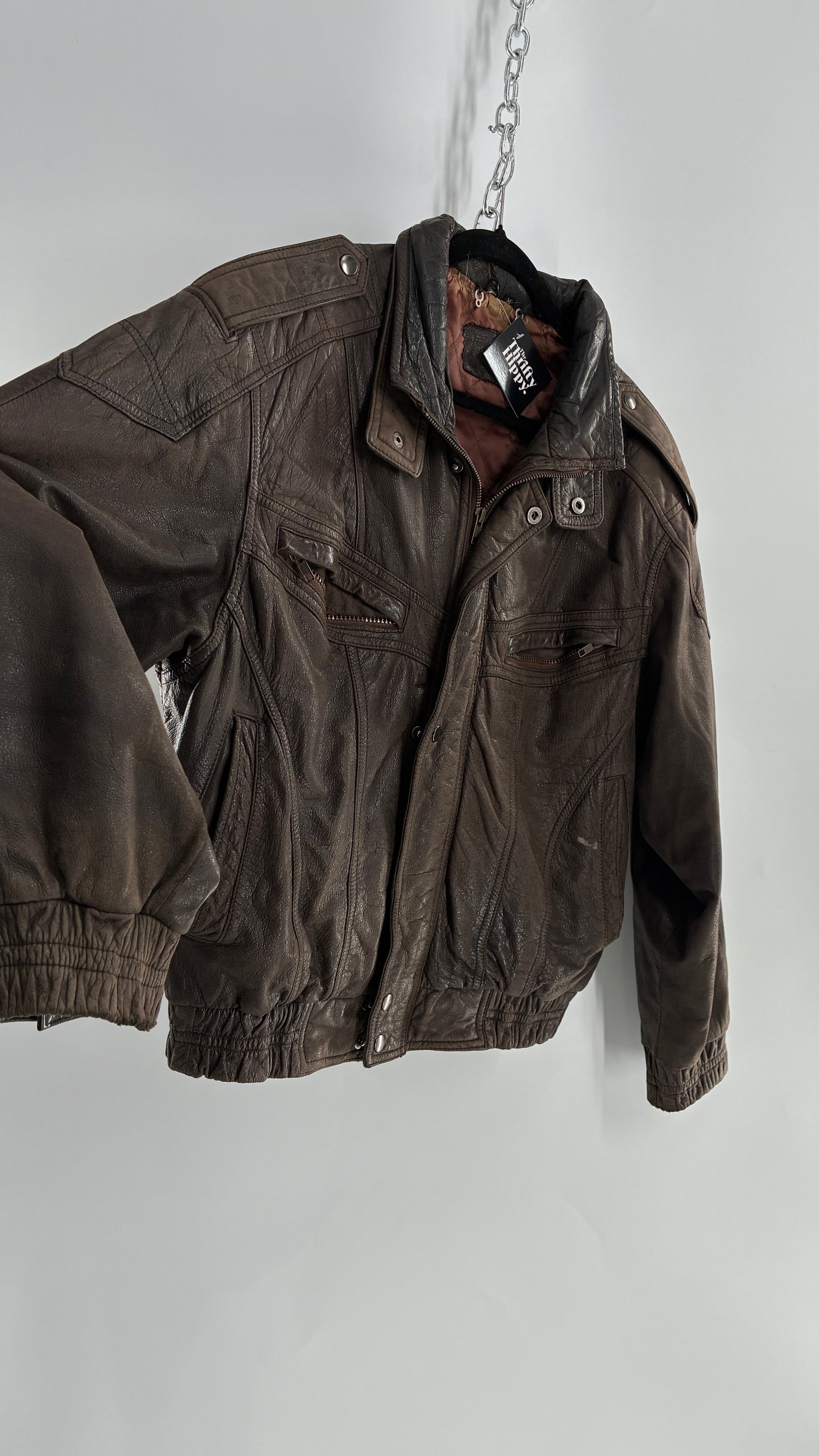 Vintage SAXONY Distressed Leather Bomber Jacket (Medium)