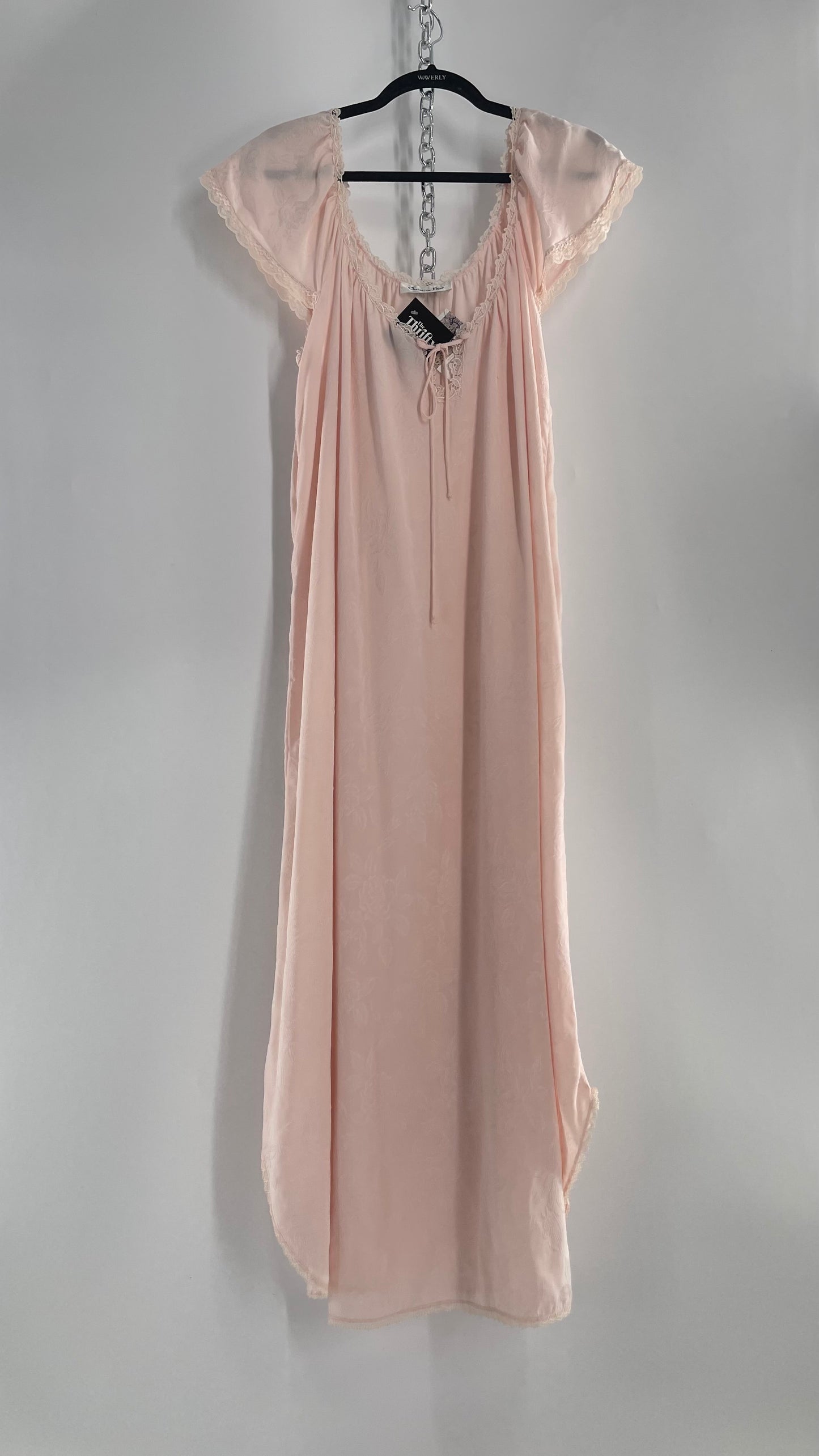 Vintage Christian Dior Pink Night Gown/ Maxi Dress with Floral Embossed Design, Lace Trim and Rosettes (Large)