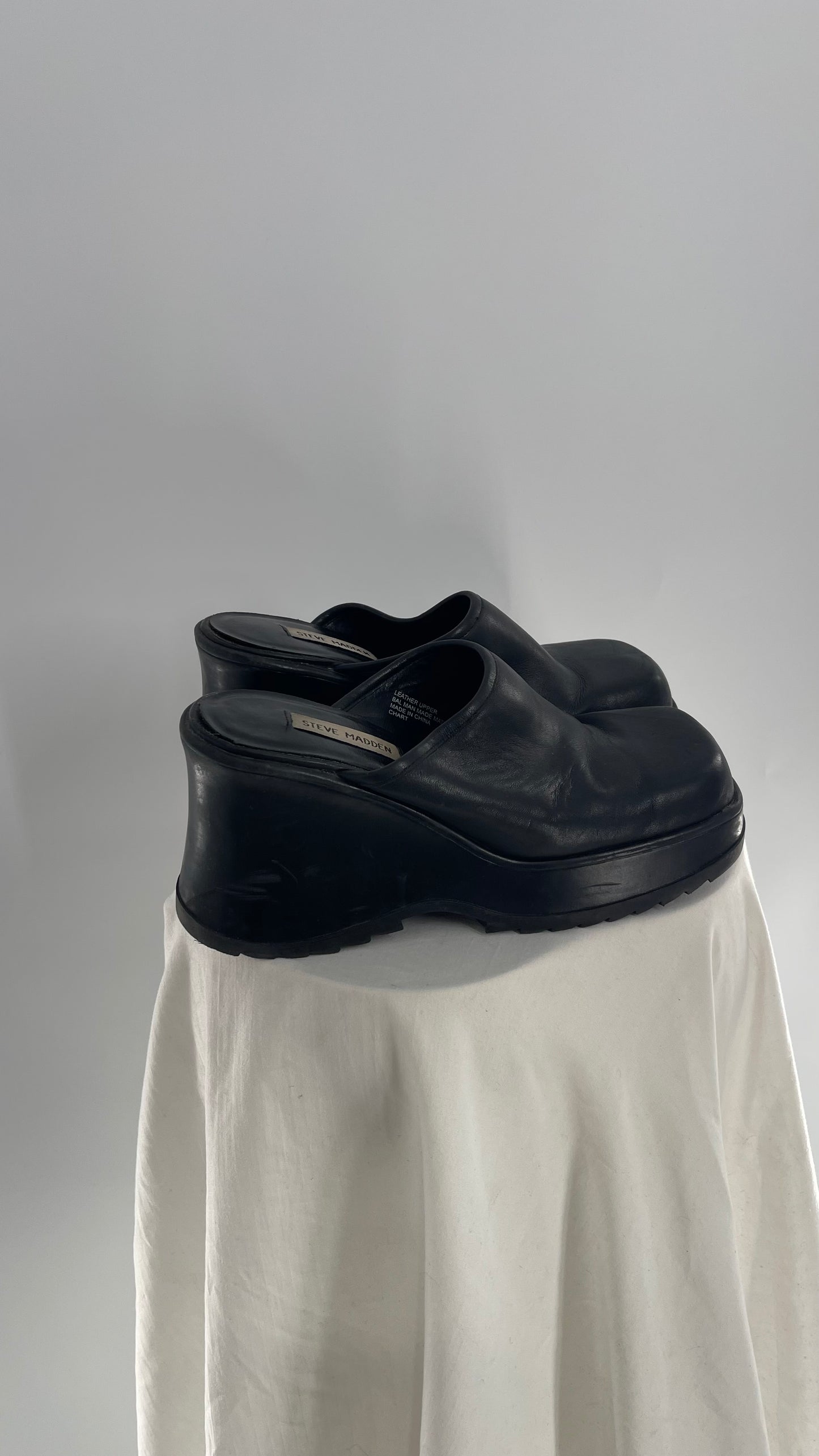 STEVE MADDEN Rare Black Leather Chunky Platform Wedge Clog (10)