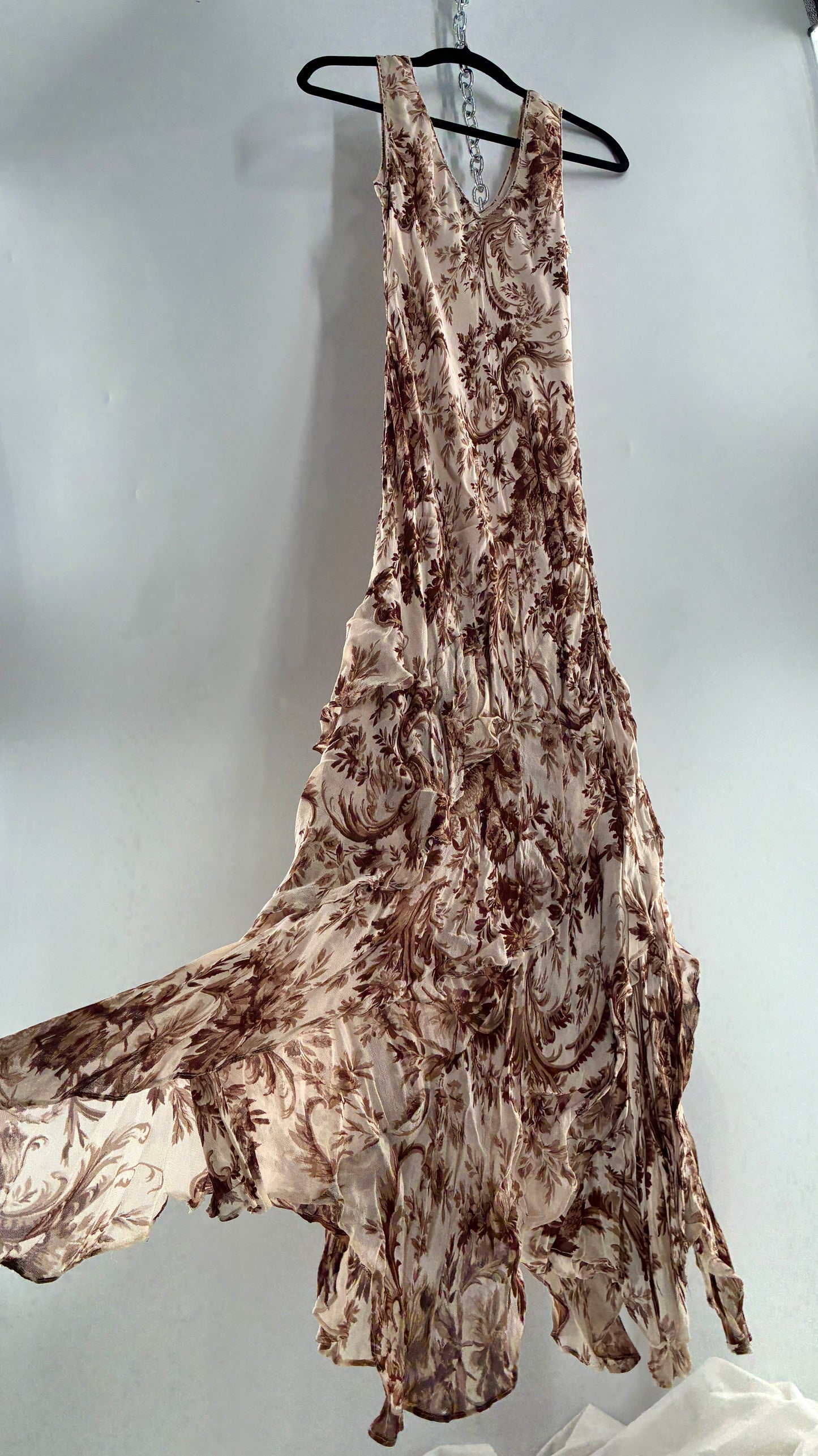 Vintage MAJICK 1990s Brown Floral, Asymmetric Ruffled Hem Gown with Embroidered Sequin Details (Medium)